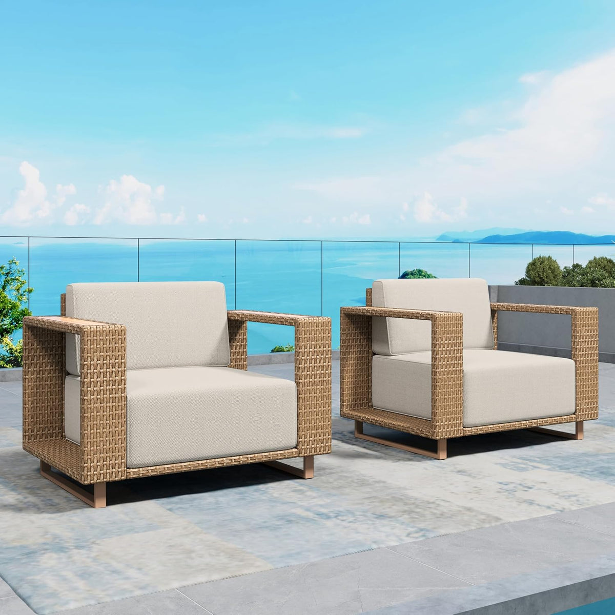 8pcs Outdoor Sectional, Patio Furniture with 10" Thick Cushions, Beige | Yellow Rattan Wicker Sofa with, gallery view 12