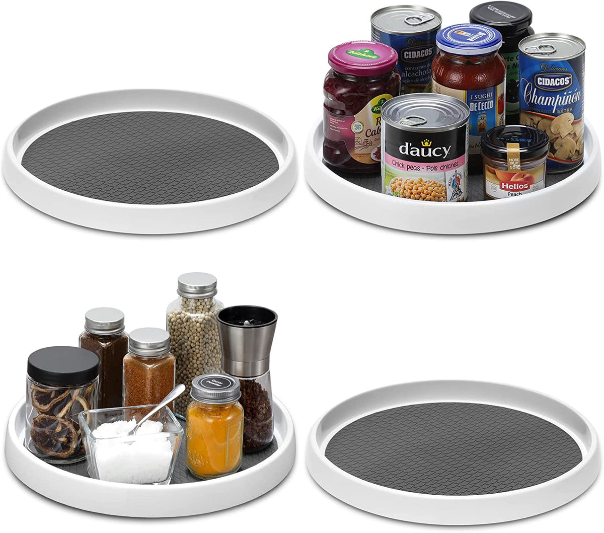 Four views of a white-rim turntable with a textured gray non-slip pad, holding jars and cans in some shots