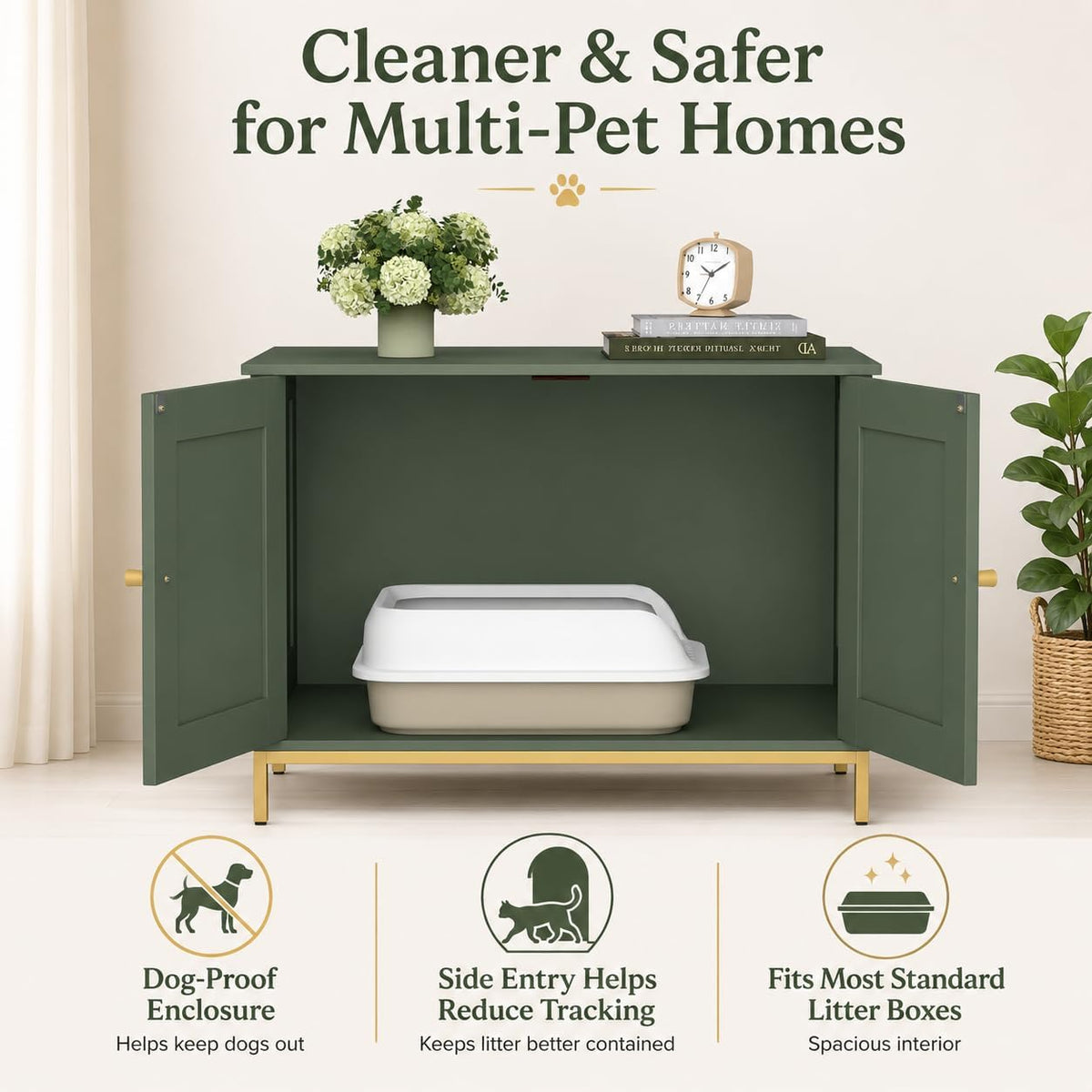 Cabinet doors open revealing a covered litter box inside and the gold metal base visible beneath.