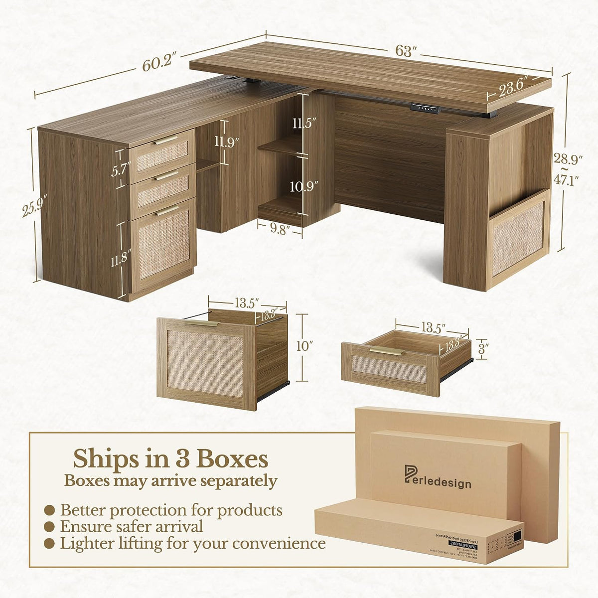Annotated dimension diagram of the 63-inch desk with measurements, drawer detail illustrations, and packaging boxes on a pale