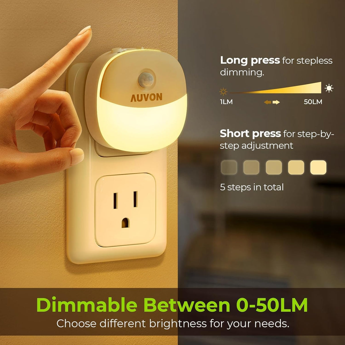 Close-up of a finger pressing the plug-in night light beside graphics illustrating long and short press dimming.