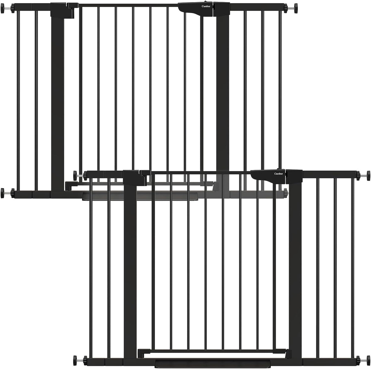 Overlapped front views of a black metal safety gate showing vertical bars, latch housings and pressure-mount knobs.
