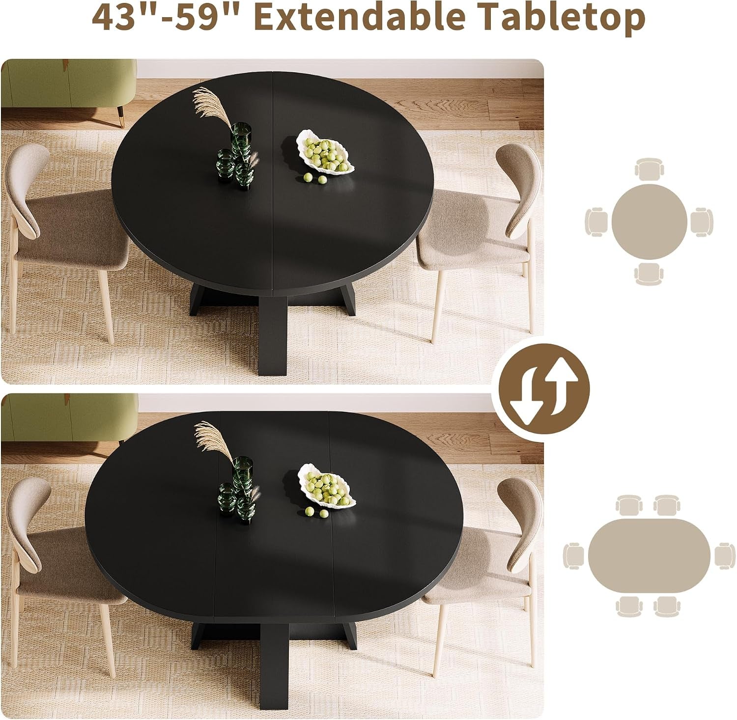 Two images stacked showing the tabletop retracted at 43" and extended to 59" to illustrate transformable shape