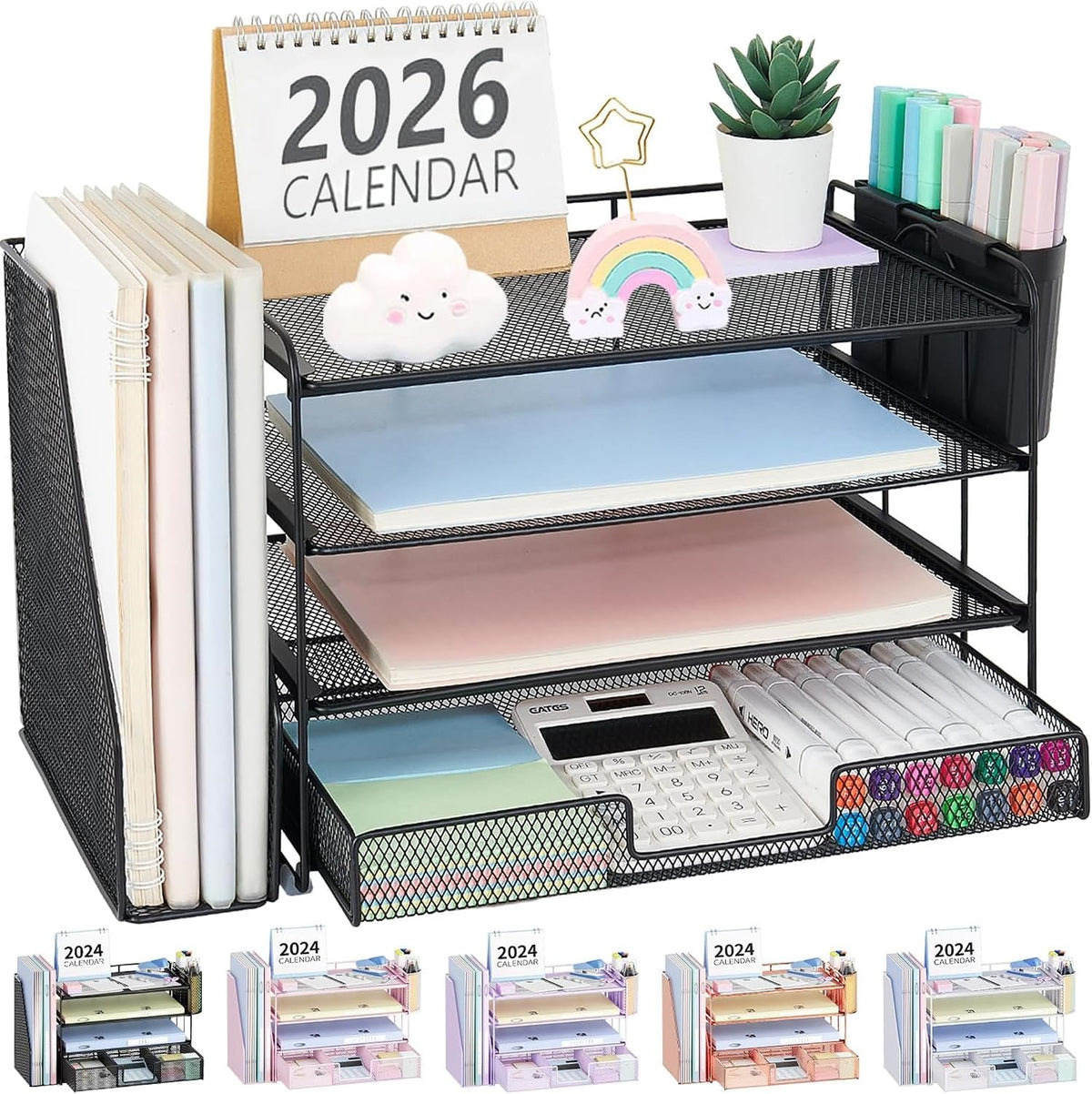 Black metal 4-tier mesh file organizer filled with notebooks, calculator and markers