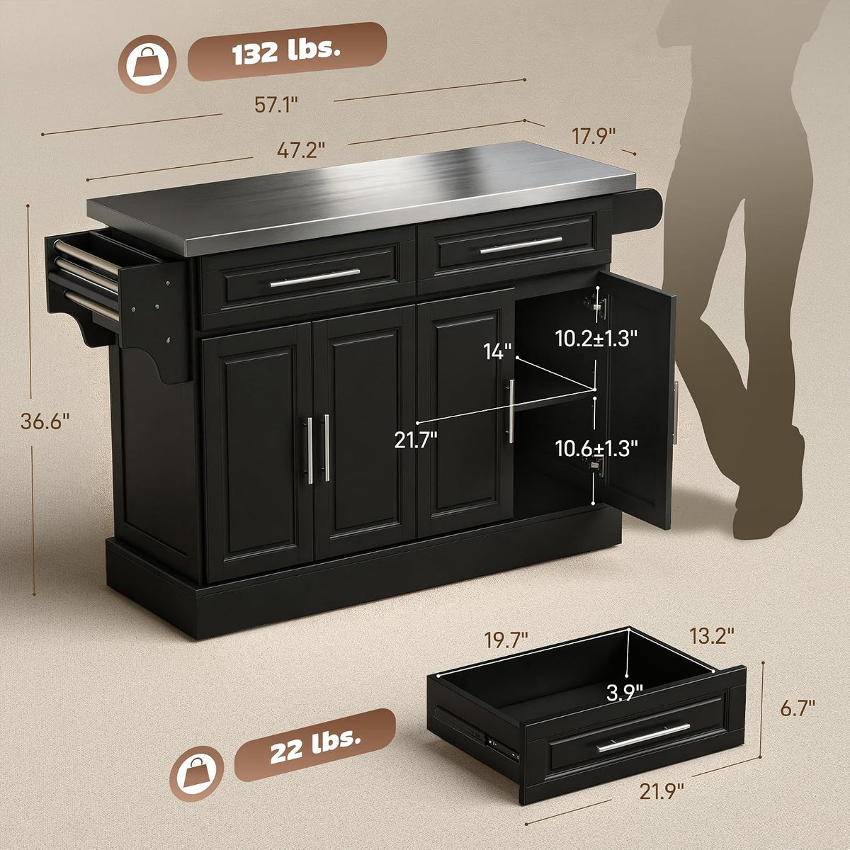 Graphic diagram of the island cart with measurements and weight capacities labeled, including 57" width and countertop size