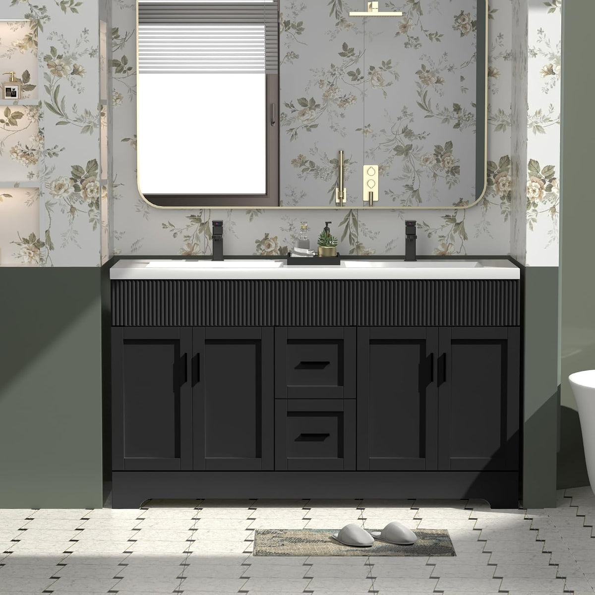 Front view of a black double-sink vanity with white undermount sinks and vertical ribbed detail on the top drawer.