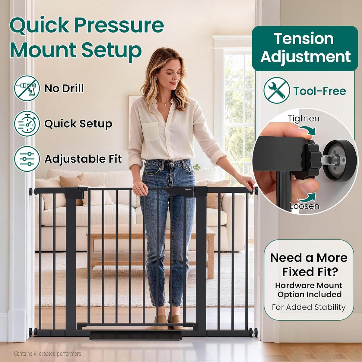 Woman adjusting a black safety gate in a living room doorway, inset shows a hand tightening a tension knob on the gate.