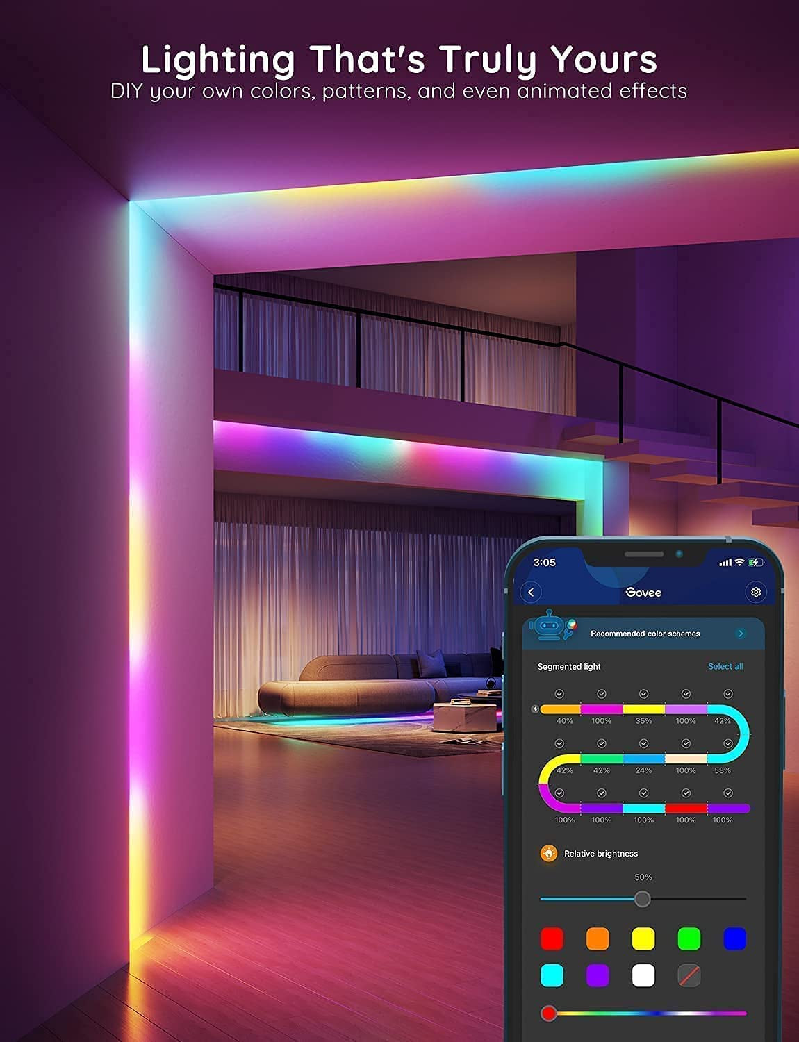 Interior corner with RGB strip lighting on walls and a smartphone screen showing segmented color control in the app