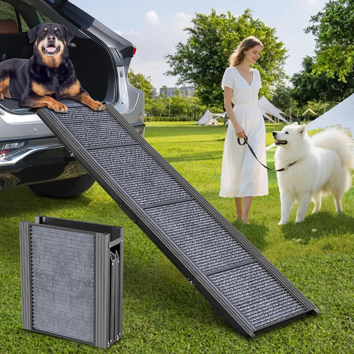 Aluminum foldable ramp extended from an open car trunk onto grass with a dog on the top step and a woman walking a white