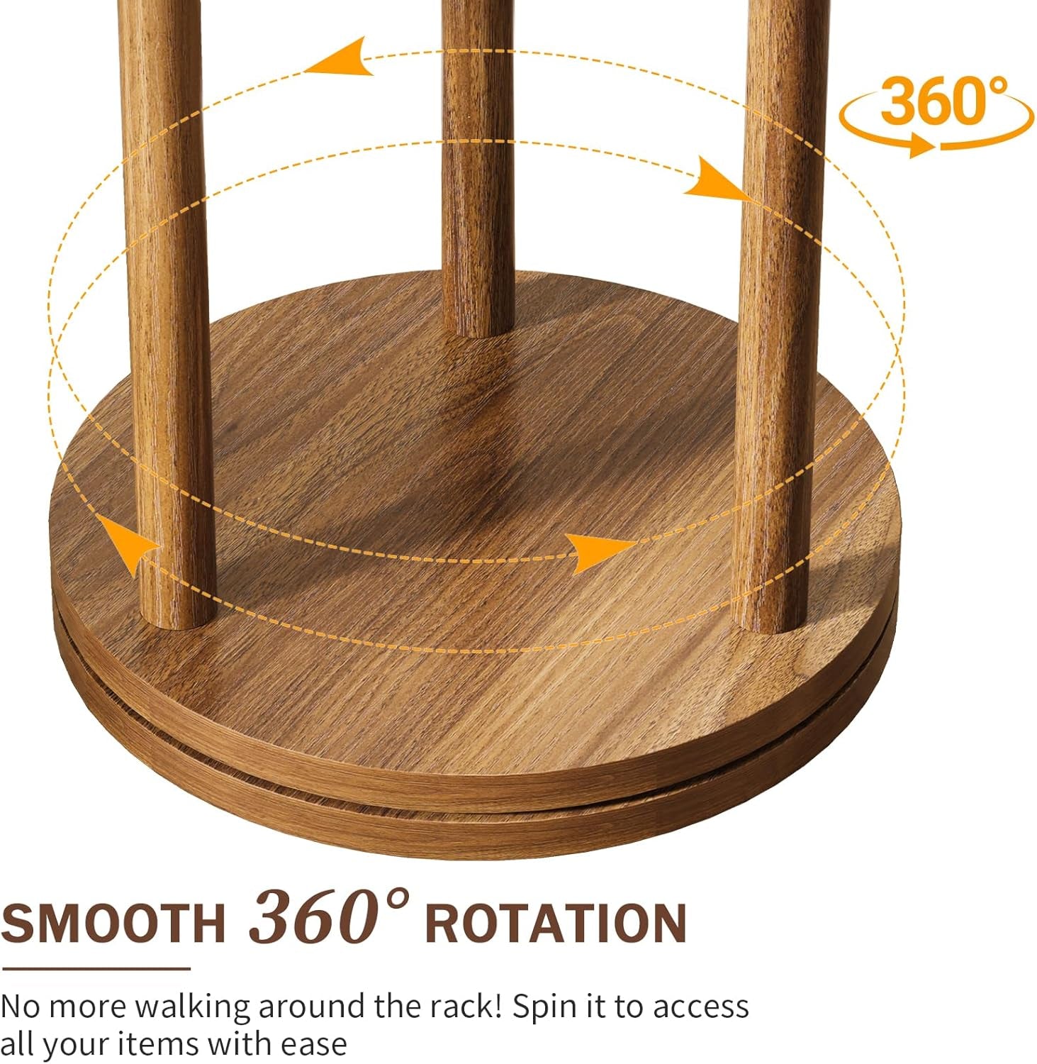 Close-up of the round wooden base and lower poles, arrows indicating smooth 360-degree rotation