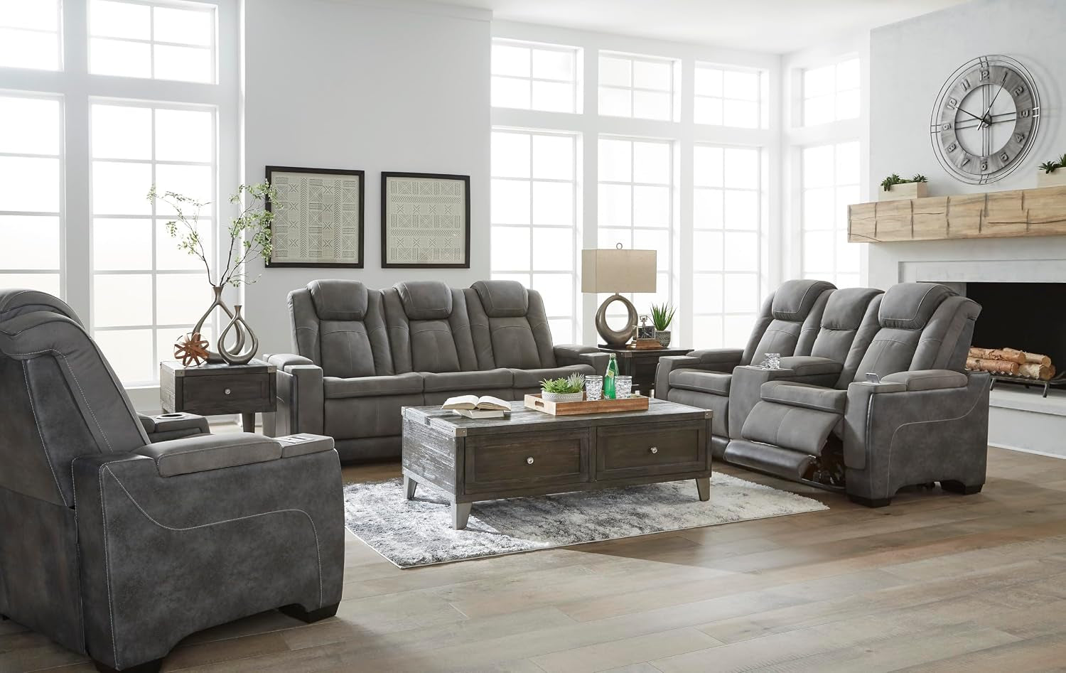 Signature Design by Ashley Next-Gen Durapella Modern Faux Leather Power Reclining Sofa with Adjustable Headrest, Gray