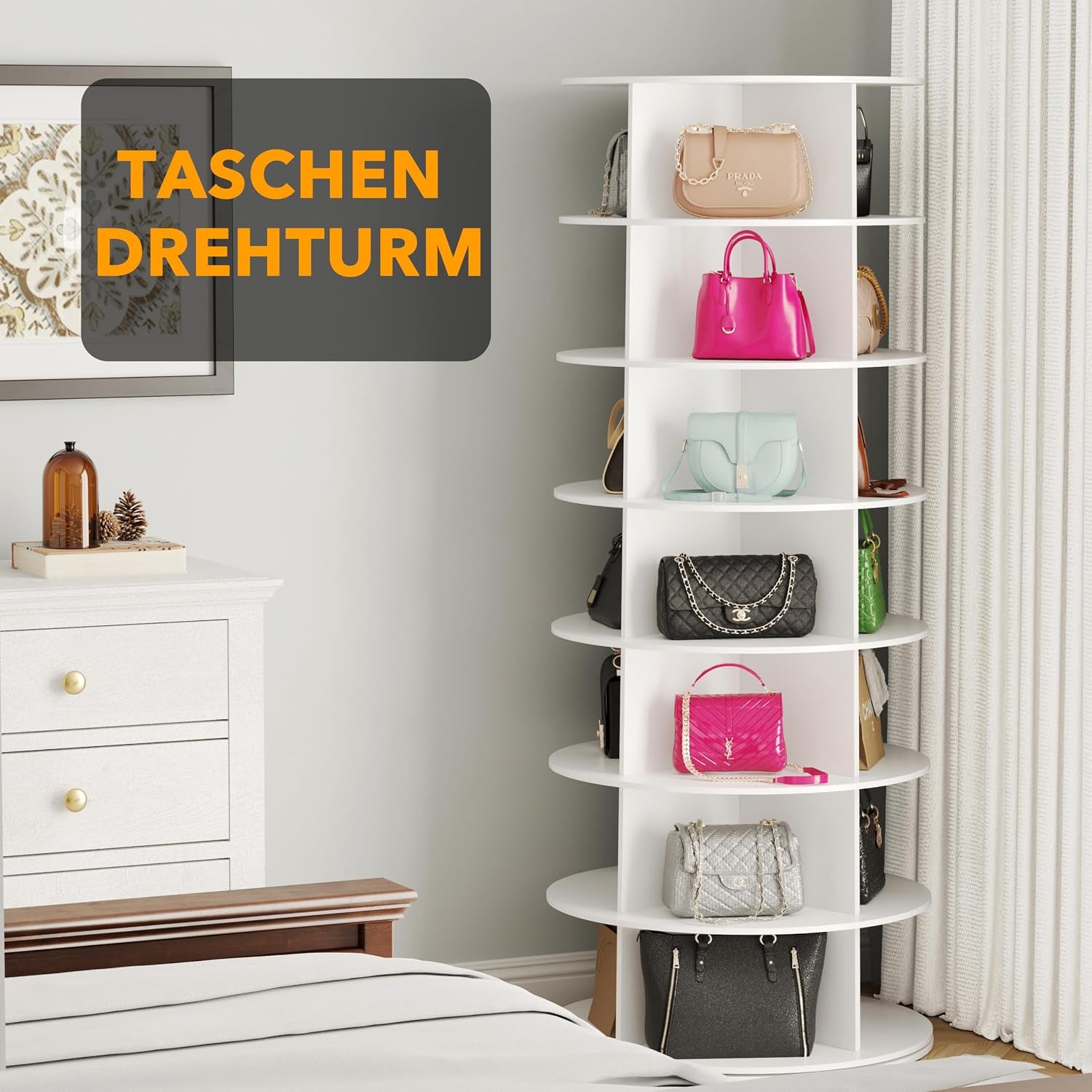 White rotating tower used as a handbag display beside a bedside dresser and curtains in a bedroom corner.