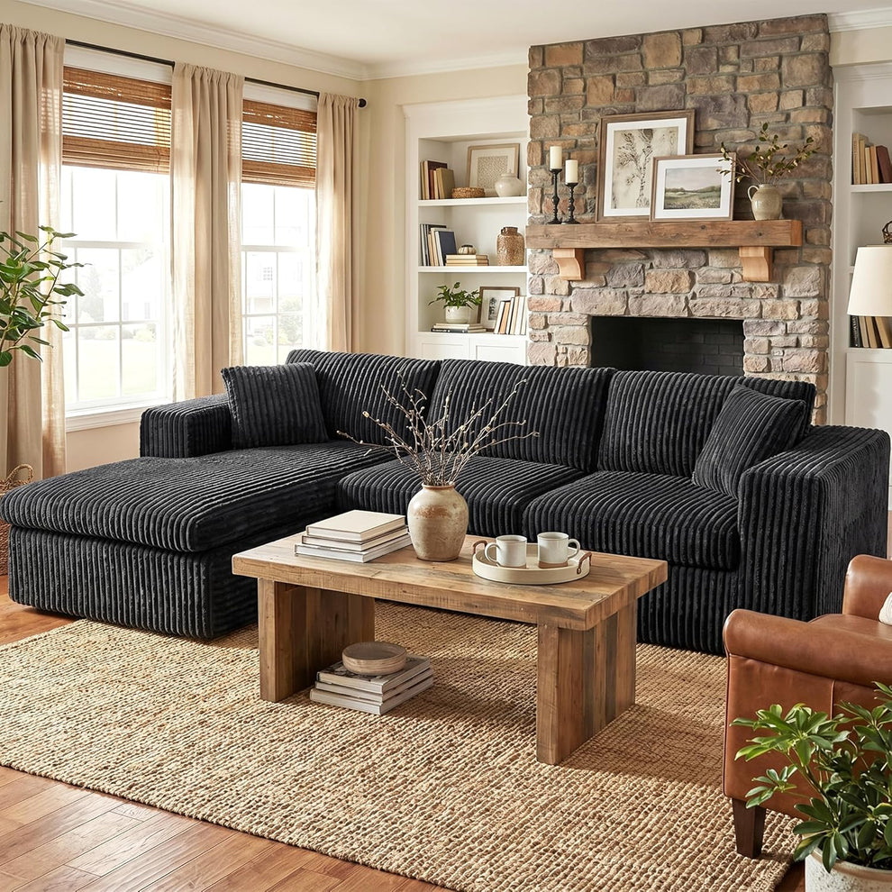 105" Modular Sectional Sofa, Boneless L Shaped Couch with Deep Seat, Cloud Foam Couch with Oversized Chaise, Plush Corduroy Sofa No Assembly Needed for Living Room, Black