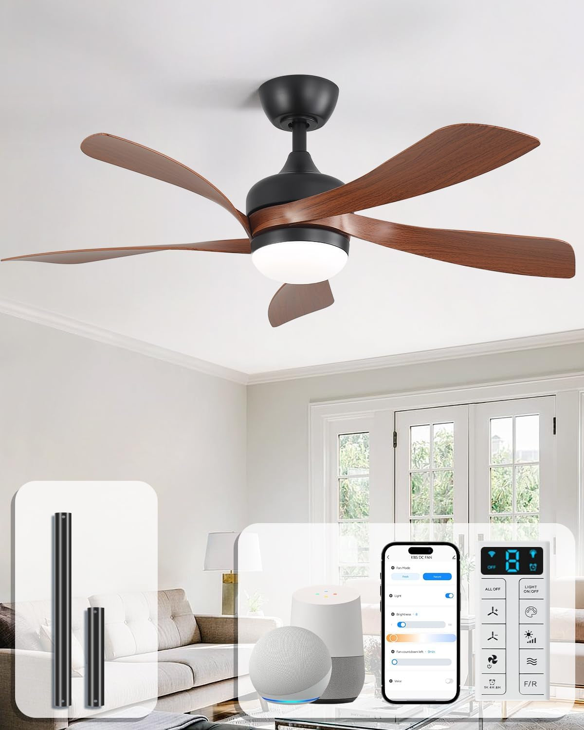 Dark-wood five-blade ceiling fan with black motor housing over a living room seating area.
