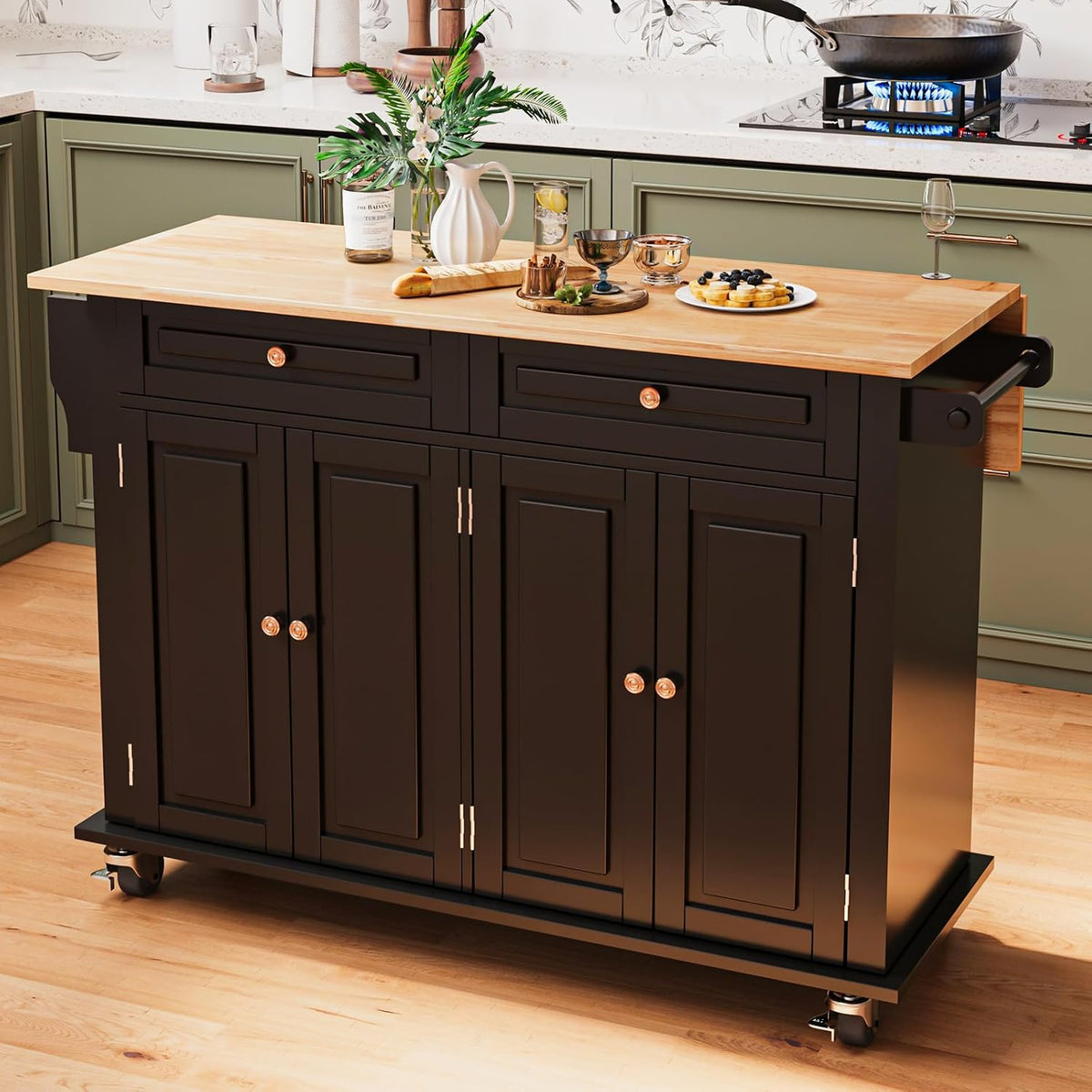 JassmiPkwy 67’’ Movable Kitchen Island with Drop Leaf and Power Outlet, Lockable Sliding Countertop Rolling, gallery view 12