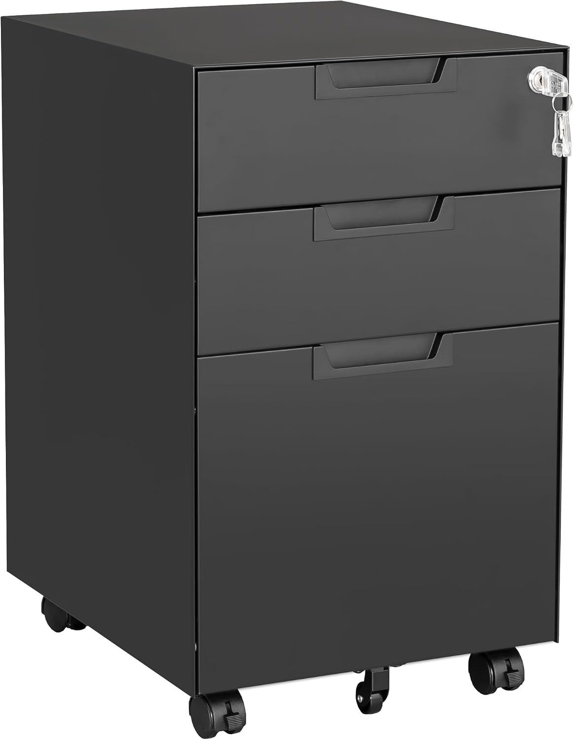 Single black three-drawer mobile file cabinet on casters, angled close-up showing recessed drawer pulls and top lock with
