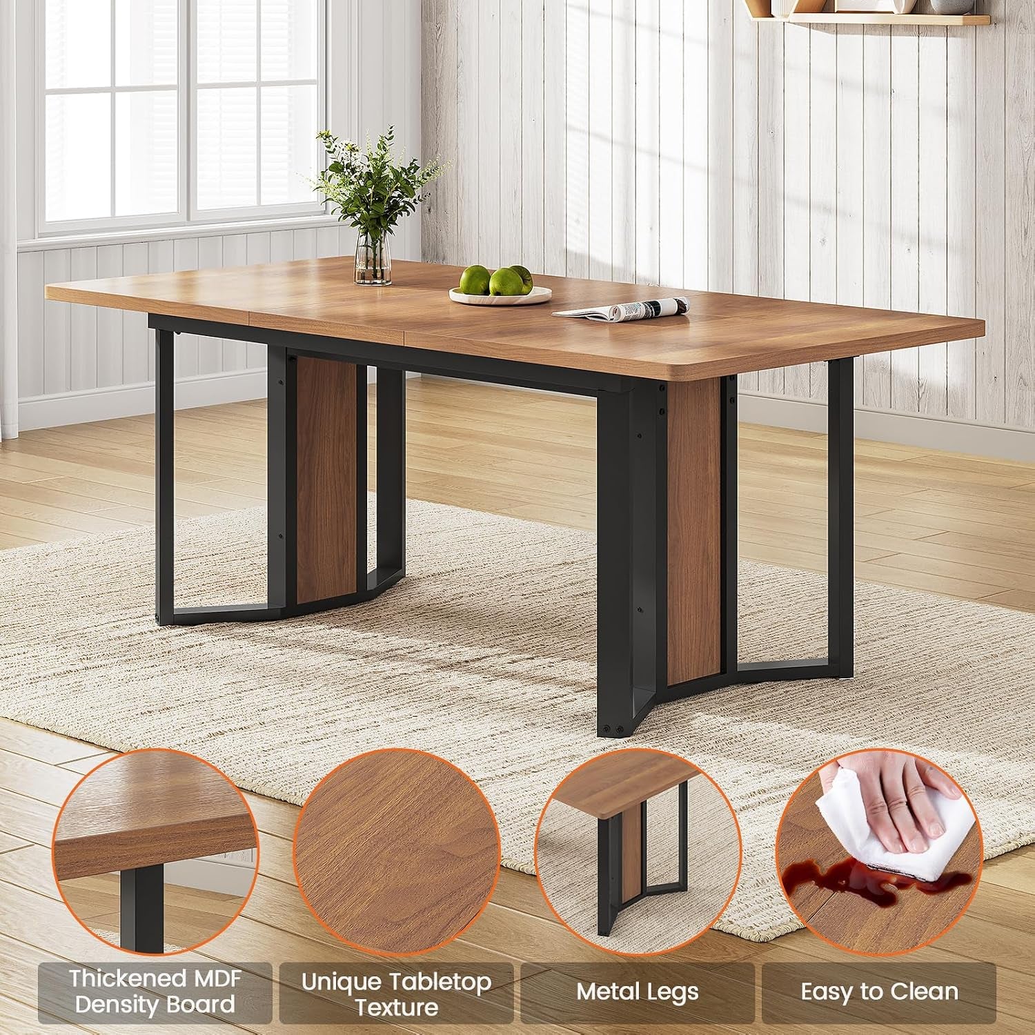 Brown extendable table with callouts for MDF board, tabletop texture, metal legs, and easy cleaning.