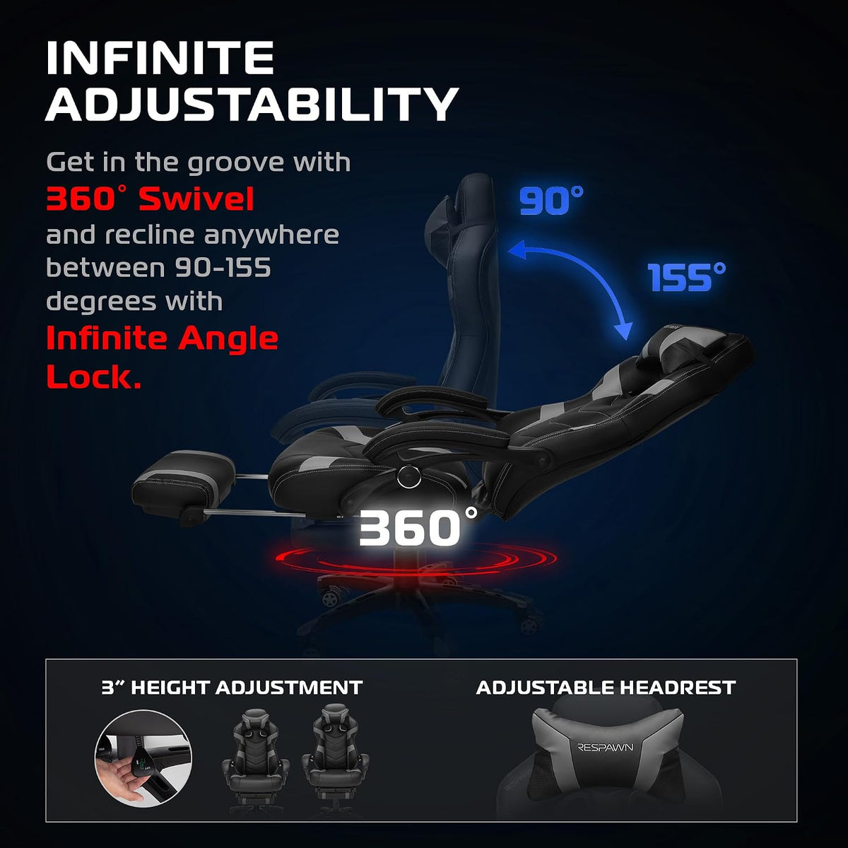 Graphic illustrating infinite-angle recline between 90° and 155° and 360° swivel with chair profile