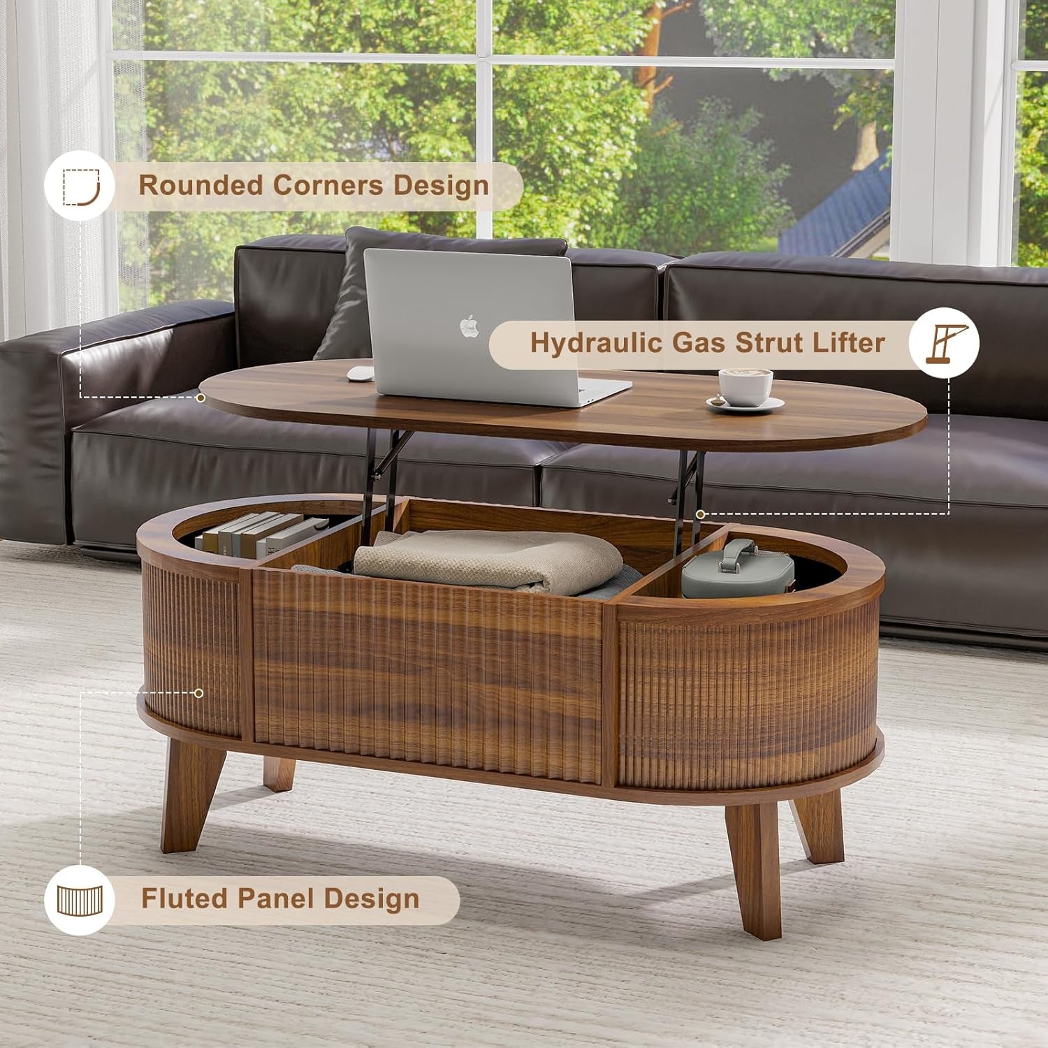 Front view of the fluted panel lift-top coffee table in a living room showing the hydraulic lifter