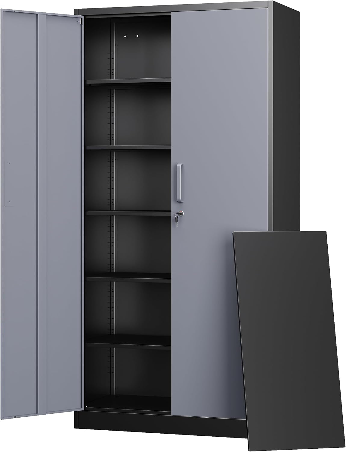Gray two-door metal cabinet shown with left door open, interior shelves visible and a dark panel resting against the right