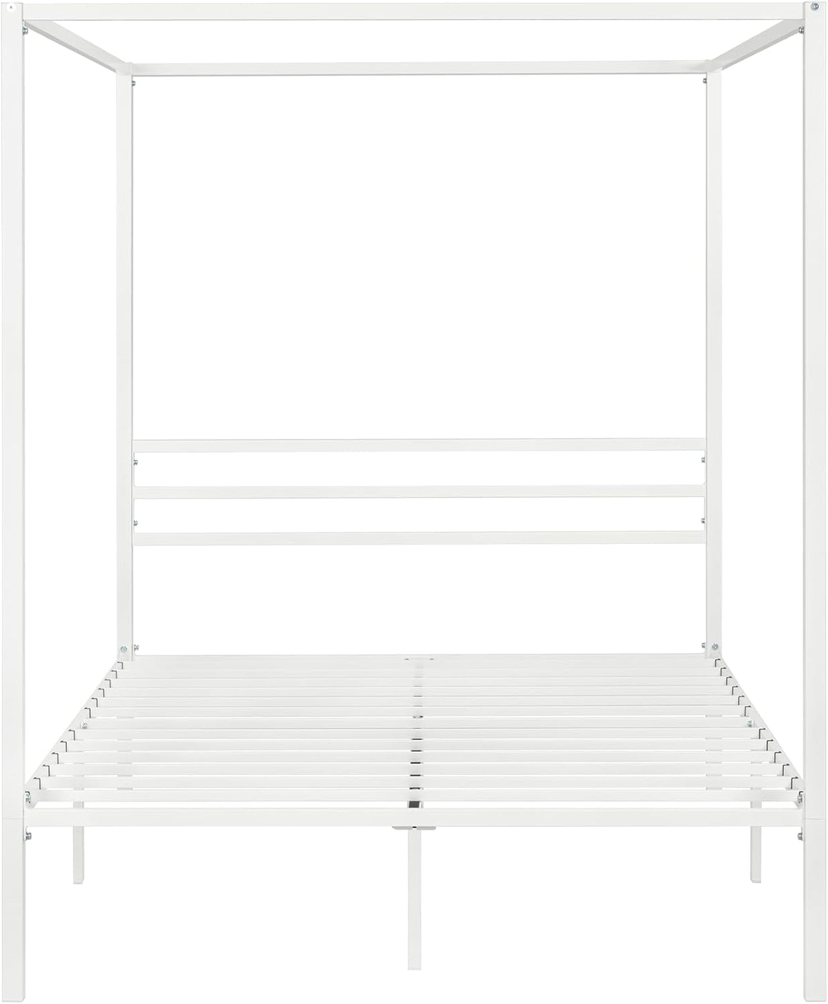 Straight-on studio shot of the white metal canopy bed frame with slatted base and center support.
