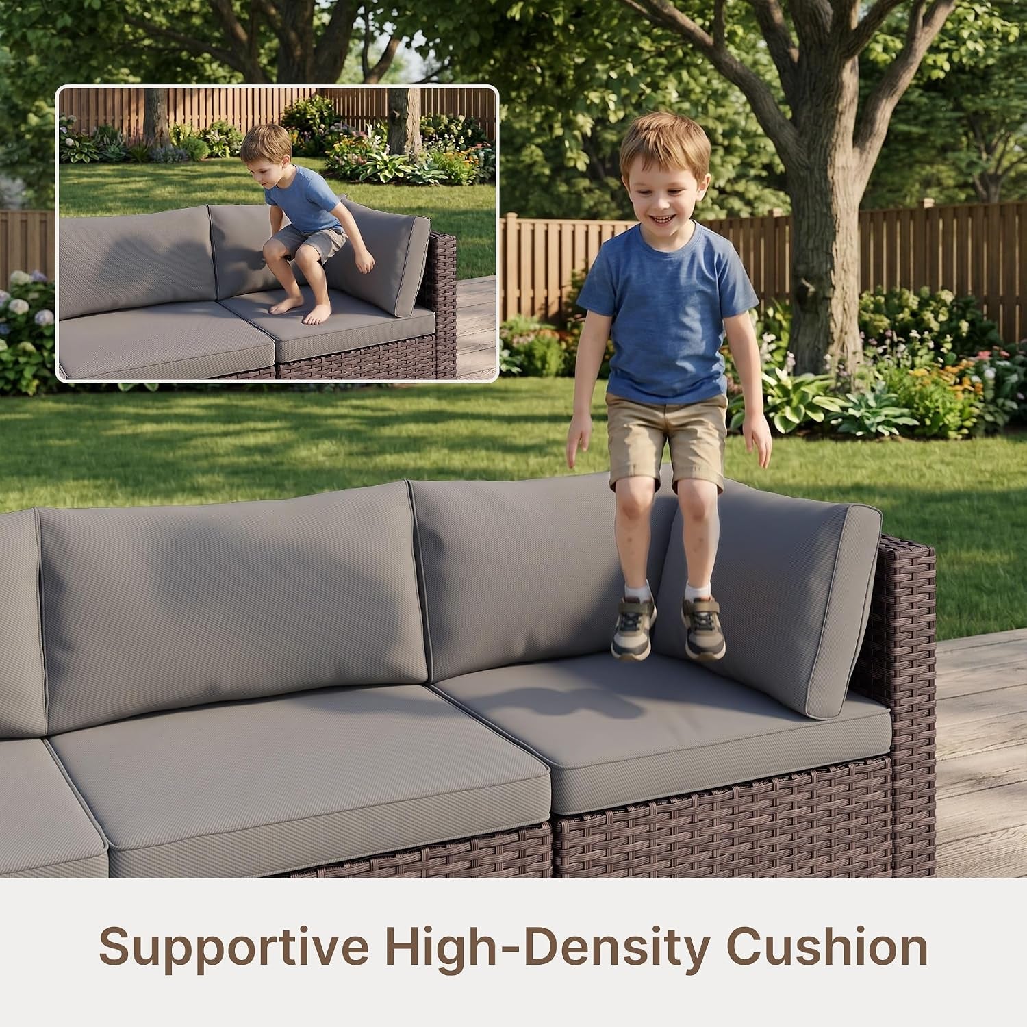 Young boy jumping on a gray sofa cushion outdoors to demonstrate cushion support.