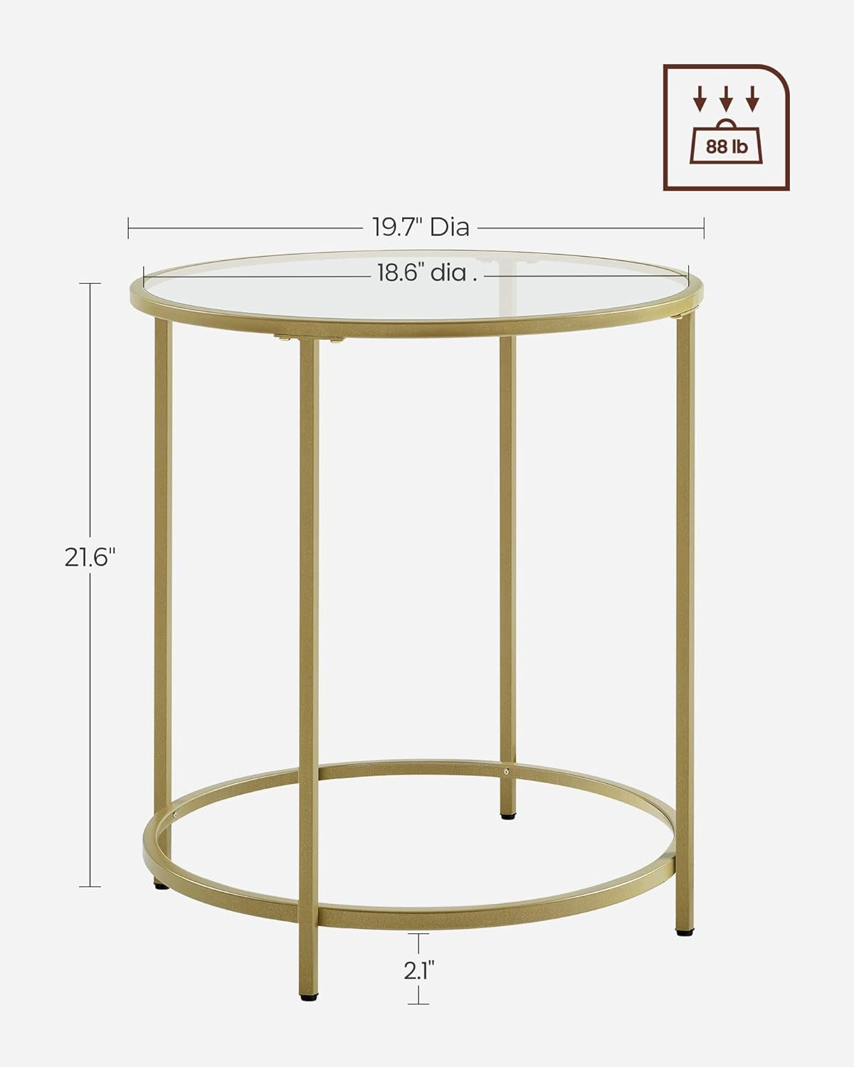 Product diagram of the round glass side table showing top and overall height with measurement callouts.