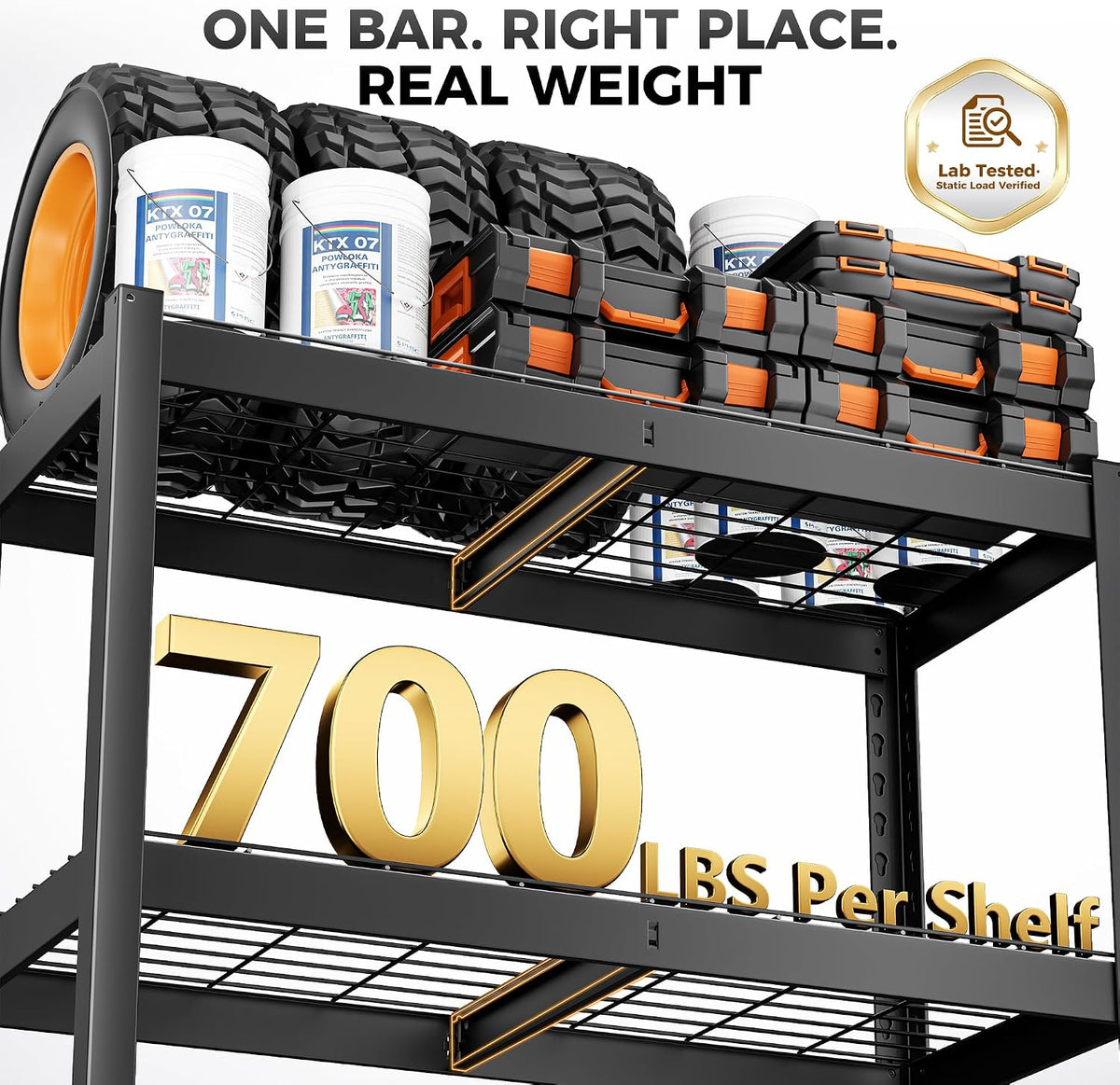 Underside view showing a single reinforcing support bar beneath a shelf labeled '700 lbs per shelf'.