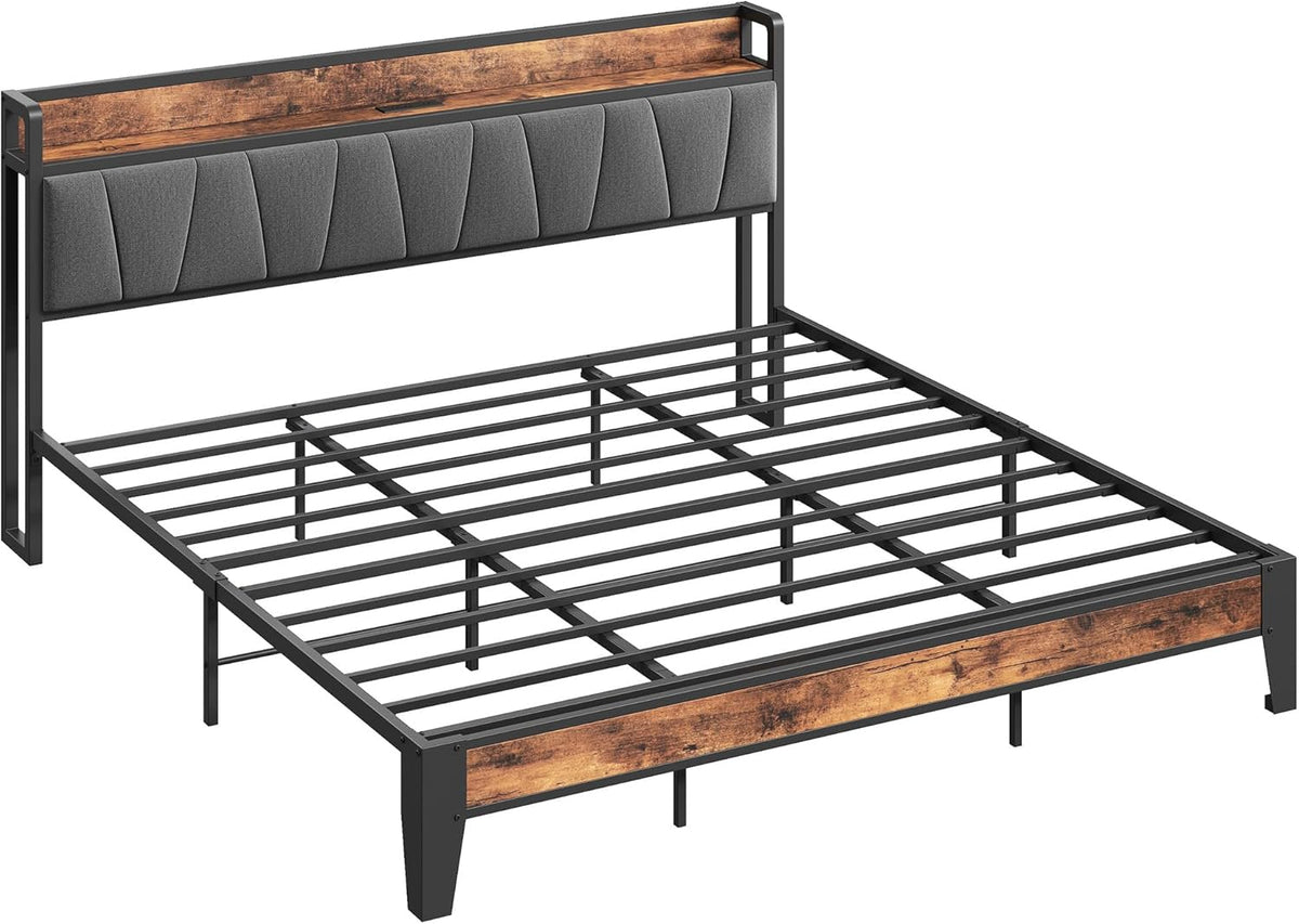 Metal platform bed frame with slatted base, gray upholstered headboard and wood-tone trim accents.