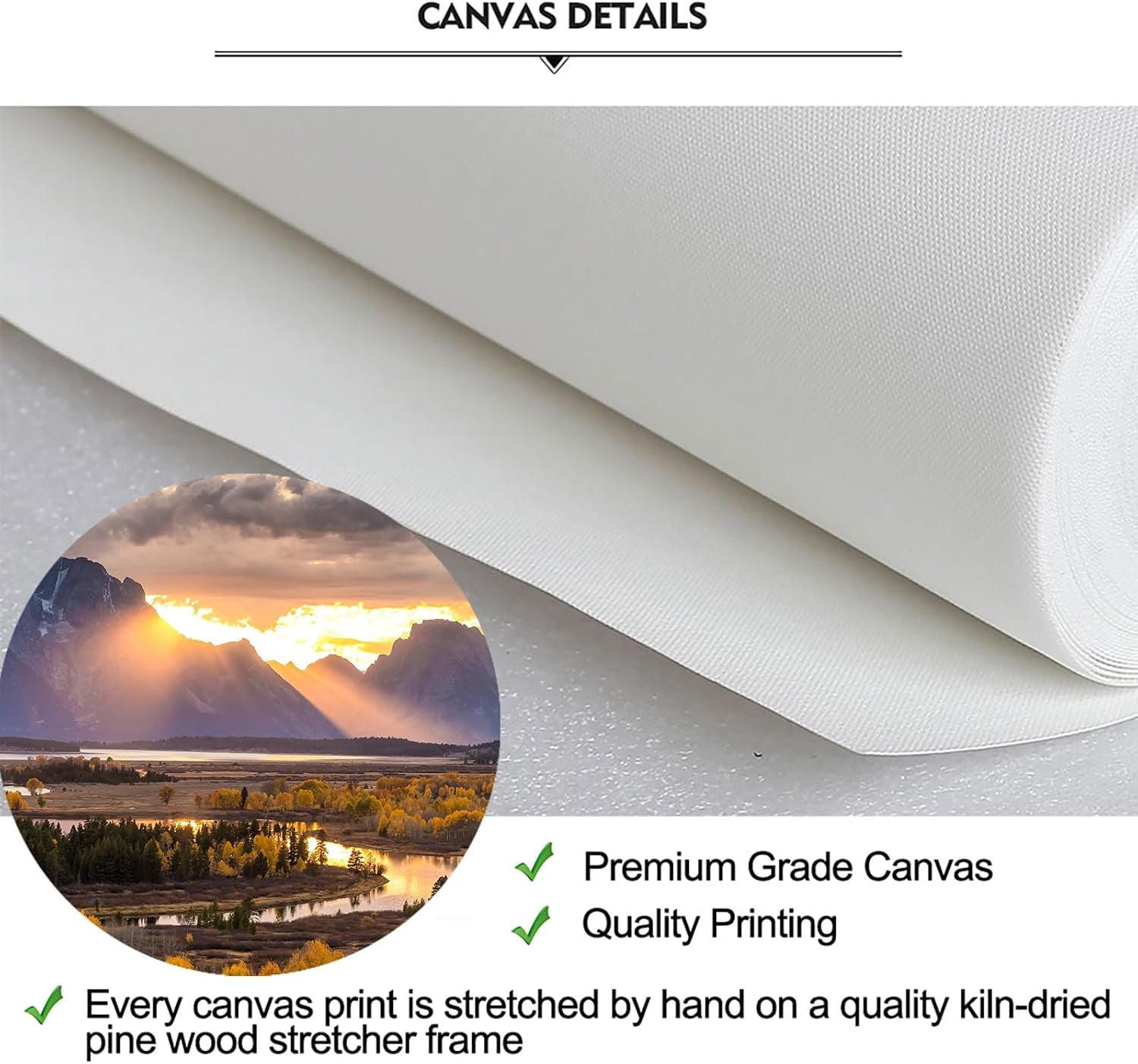 Close-up of white canvas texture and rolled edge with an inset crop showing the Grand Teton autumn print