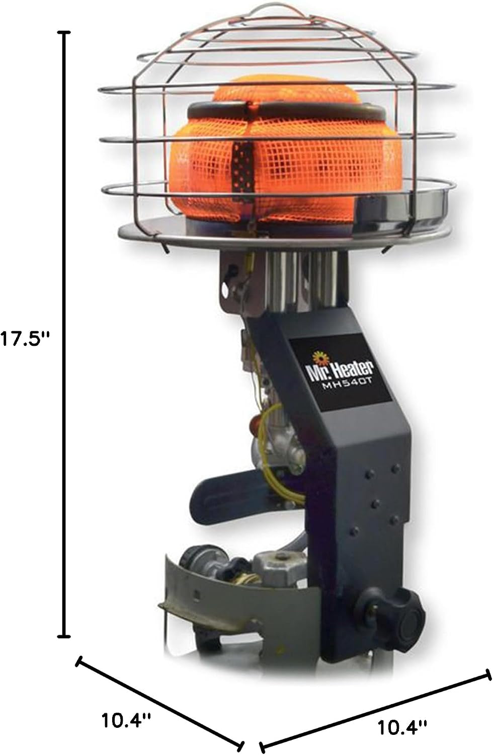 Same heater shown with black dimension lines indicating overall height and base footprint.