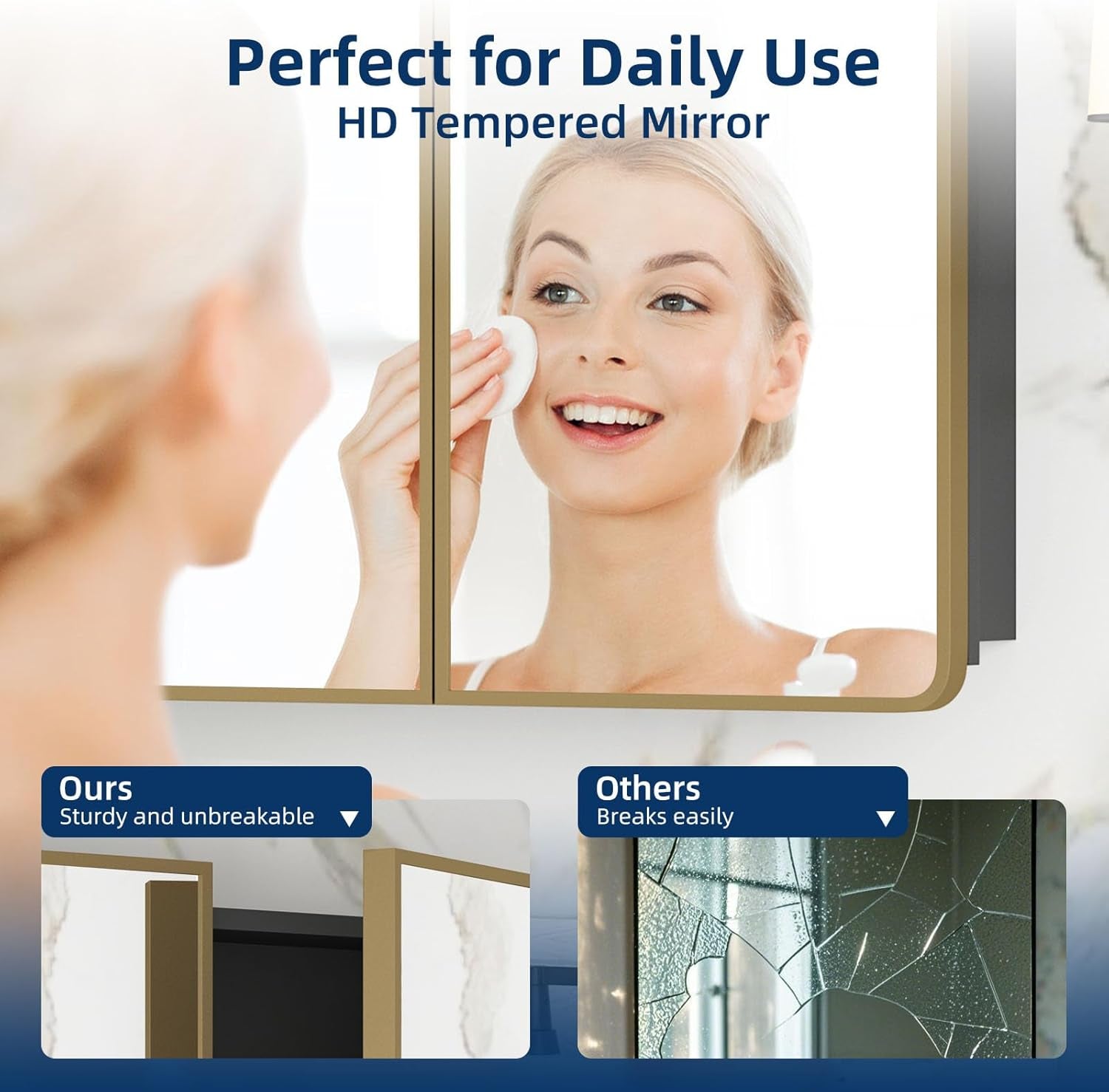 Mirrored double-door bathroom cabinet with gold frame reflecting a woman cleansing her face.