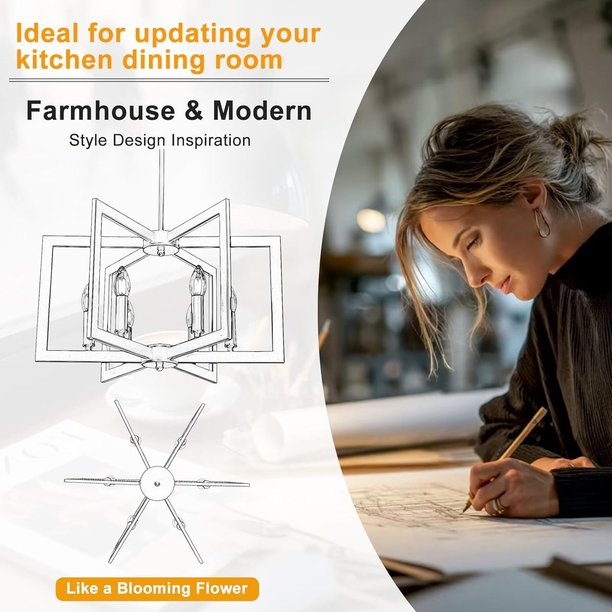 Half-page technical sketch of the geometric chandelier on left and a woman sketching designs on the right.