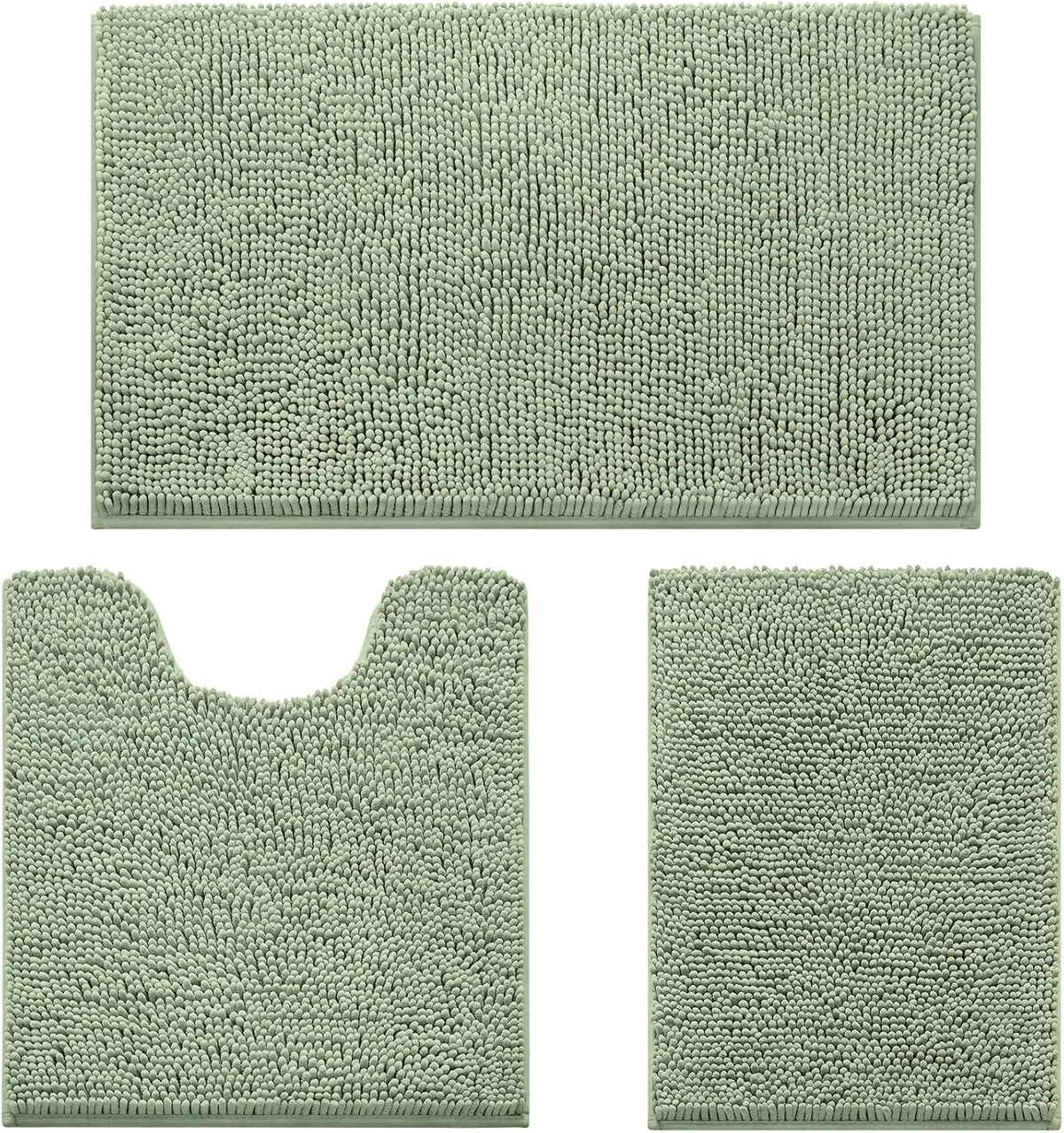 Flat lay of a three-piece sage green chenille bath rug set: large rectangle, U-shaped toilet mat, and small rectangle.