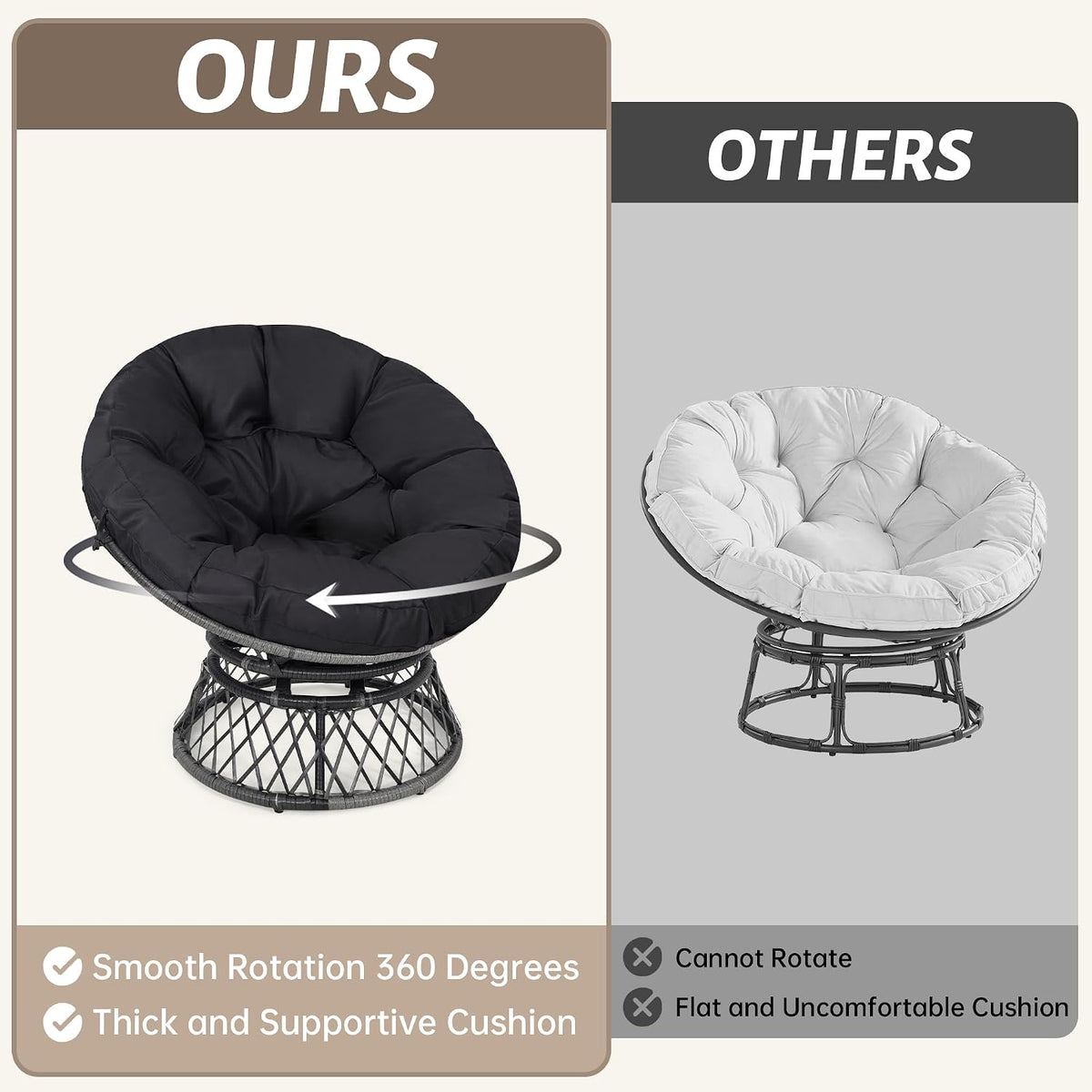 Split comparison graphic showing a dark-cushioned swivel papasan on left and a pale-cushioned one on right.