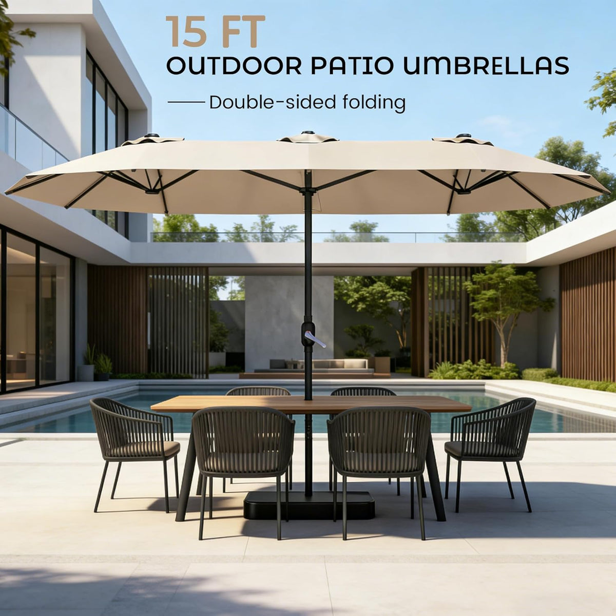 Beige double-sided rectangular umbrella over dining table and chairs by a pool, front view