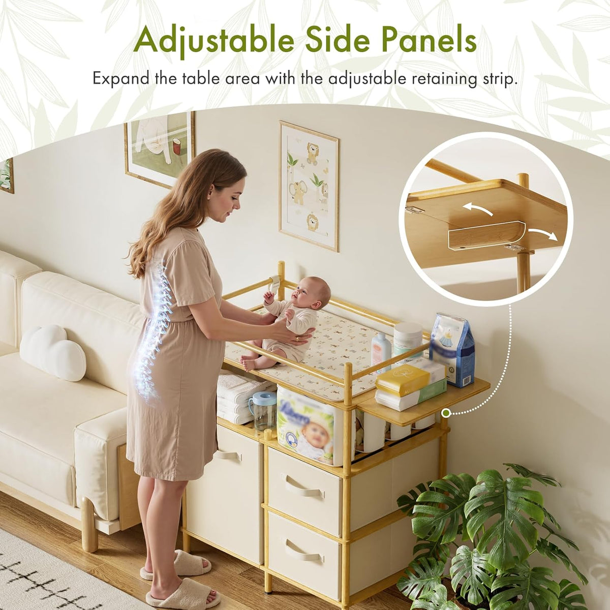Woman placing a baby on the changing pad; inset close-up shows the adjustable retaining strip under the side panel.
