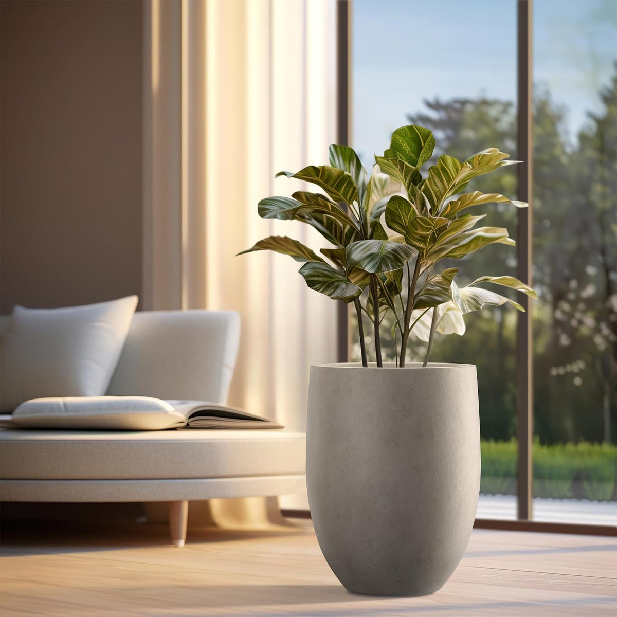 Interior living room corner with tall round planter by window holding leafy greenery