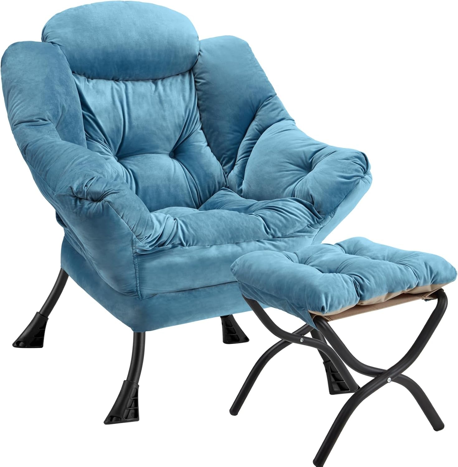 Light blue plush folding armchair paired with a tufted ottoman and black curved legs