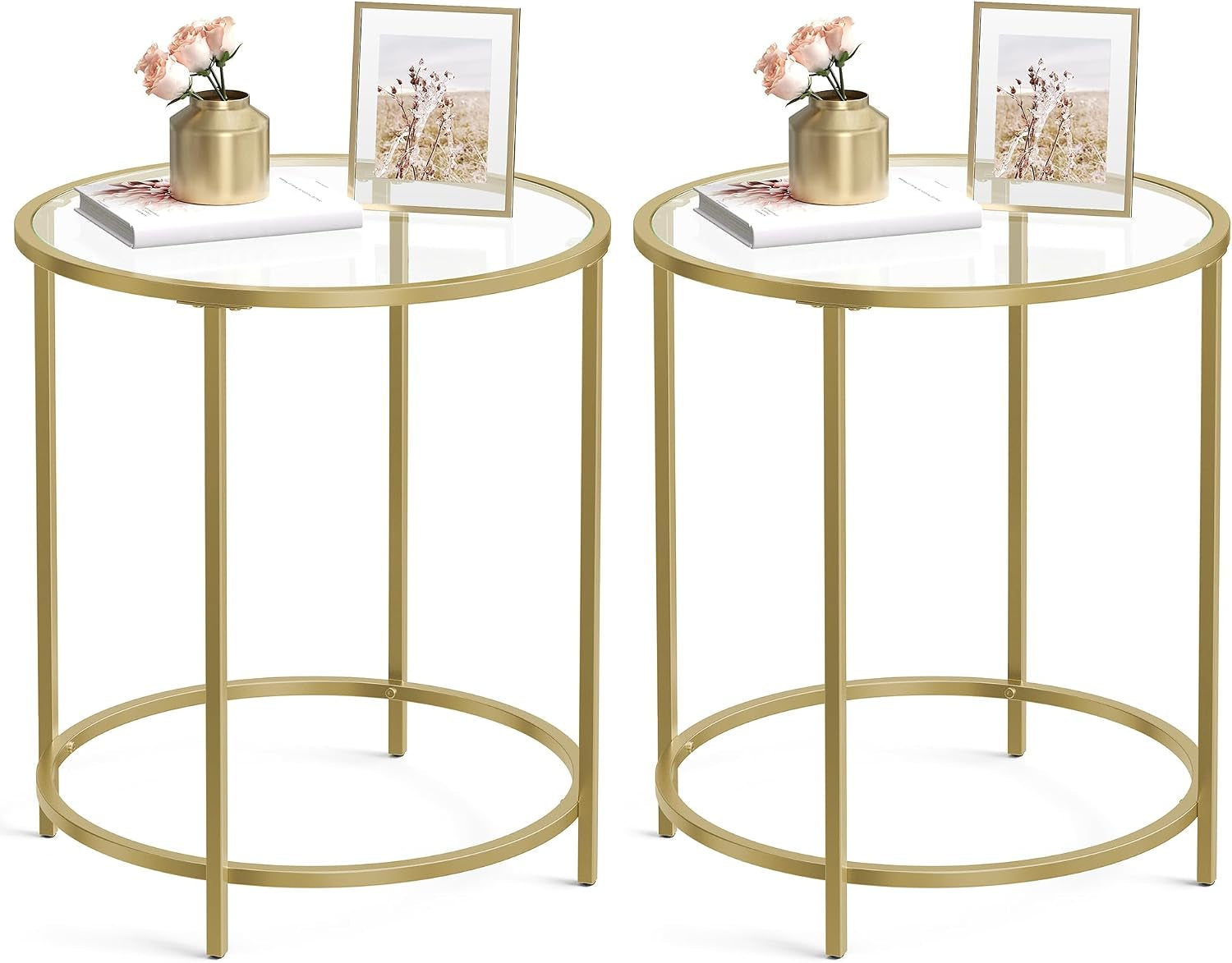Two gold round side tables with clear glass tops shown side by side on a white background.