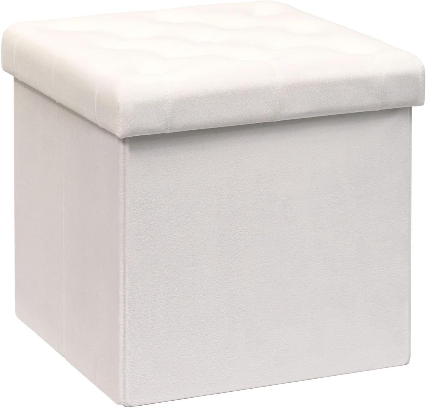 Three-quarter view of a white square tufted storage ottoman with lid