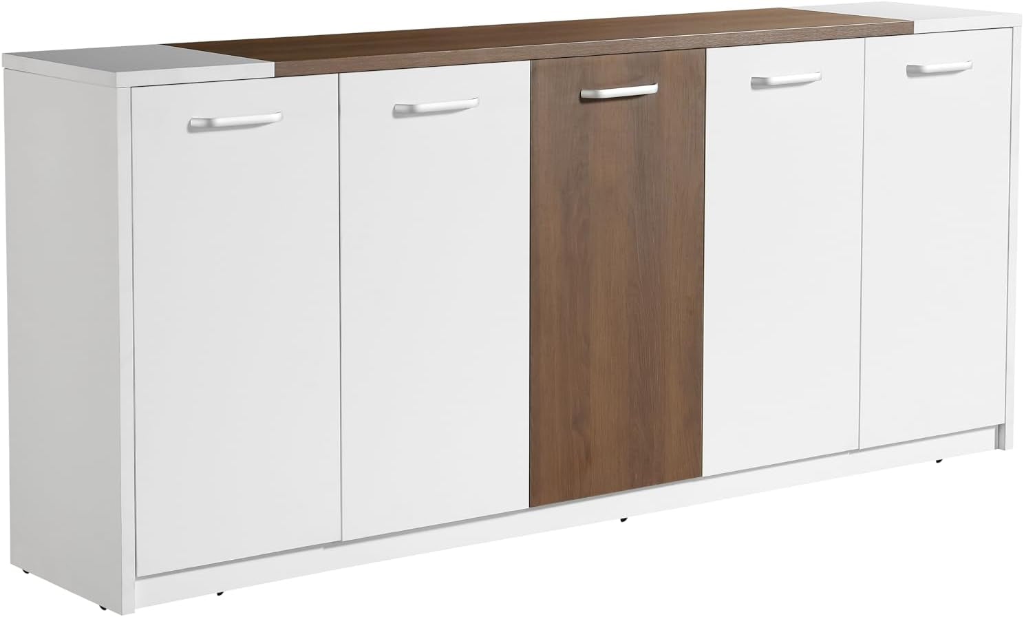 Front close-up of the white and rustic brown storage cabinet with silver pull handles and wood-grain top strip
