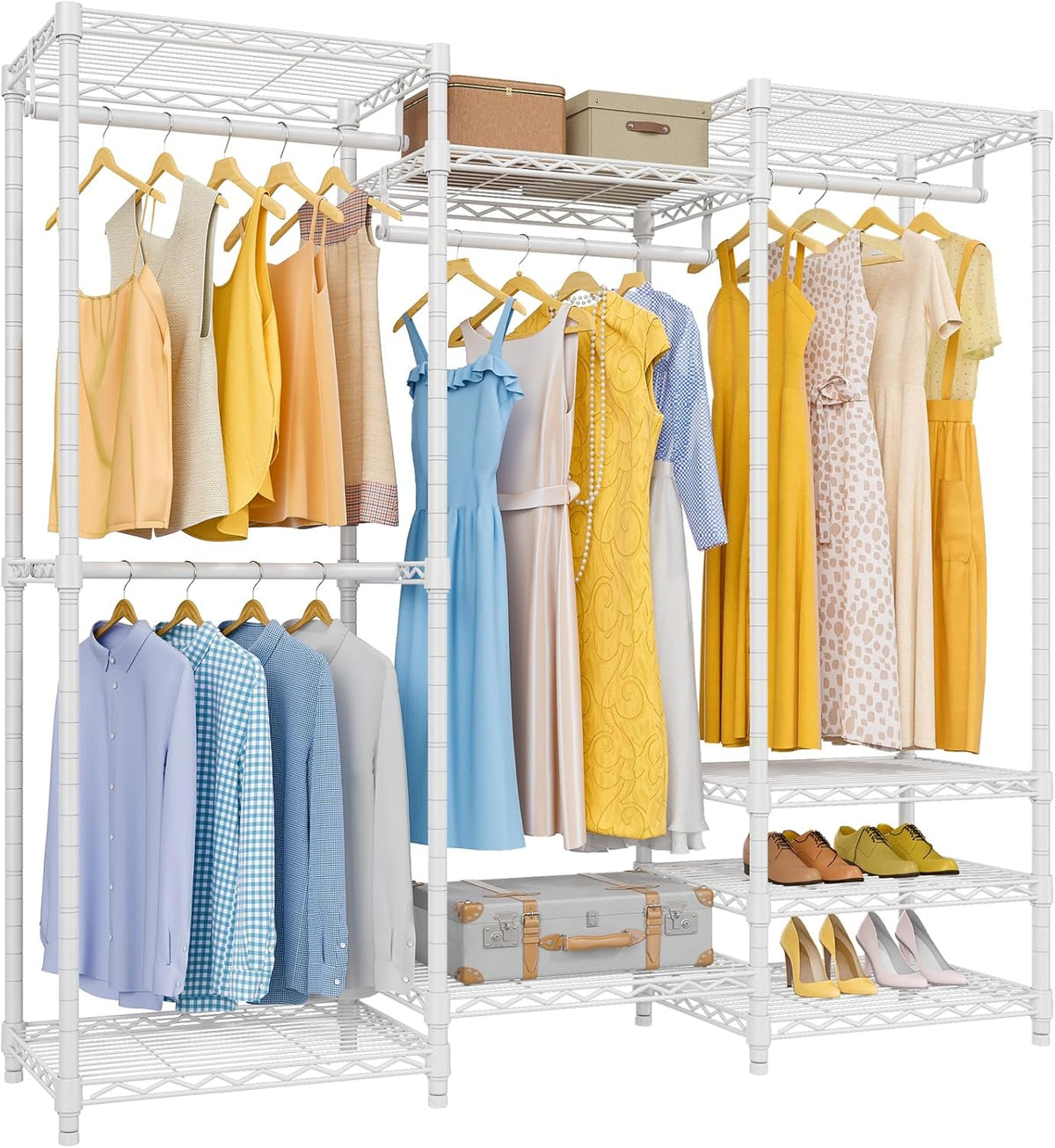 White modular clothing rack from a slight angle showing double hanging rods and shelves