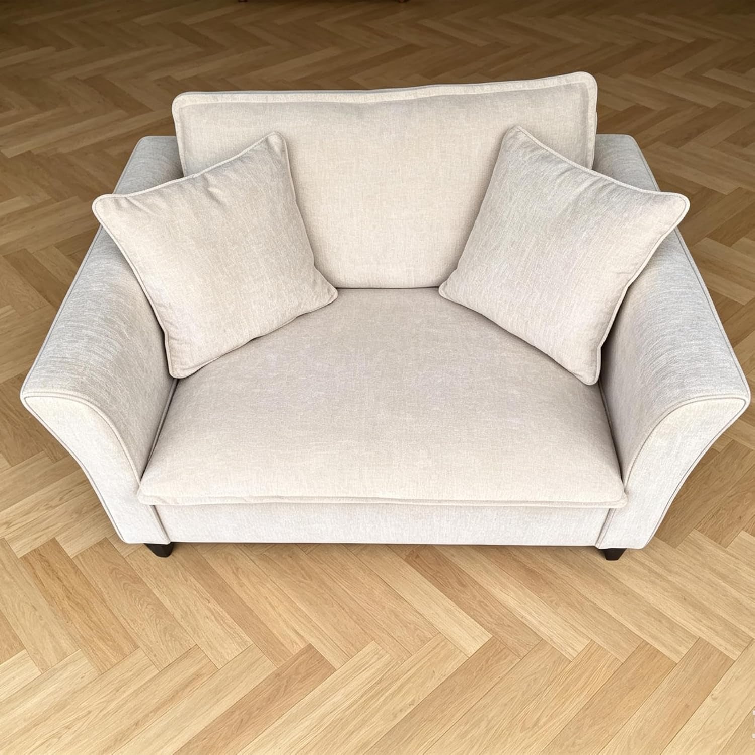 Top-down front view showing seat cushion and two matching throw pillows on a light beige chair
