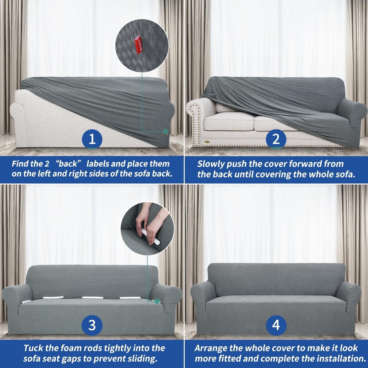 Four-step photo panels showing how to drape the cover, push forward, tuck foam rods, and adjust for a fitted look