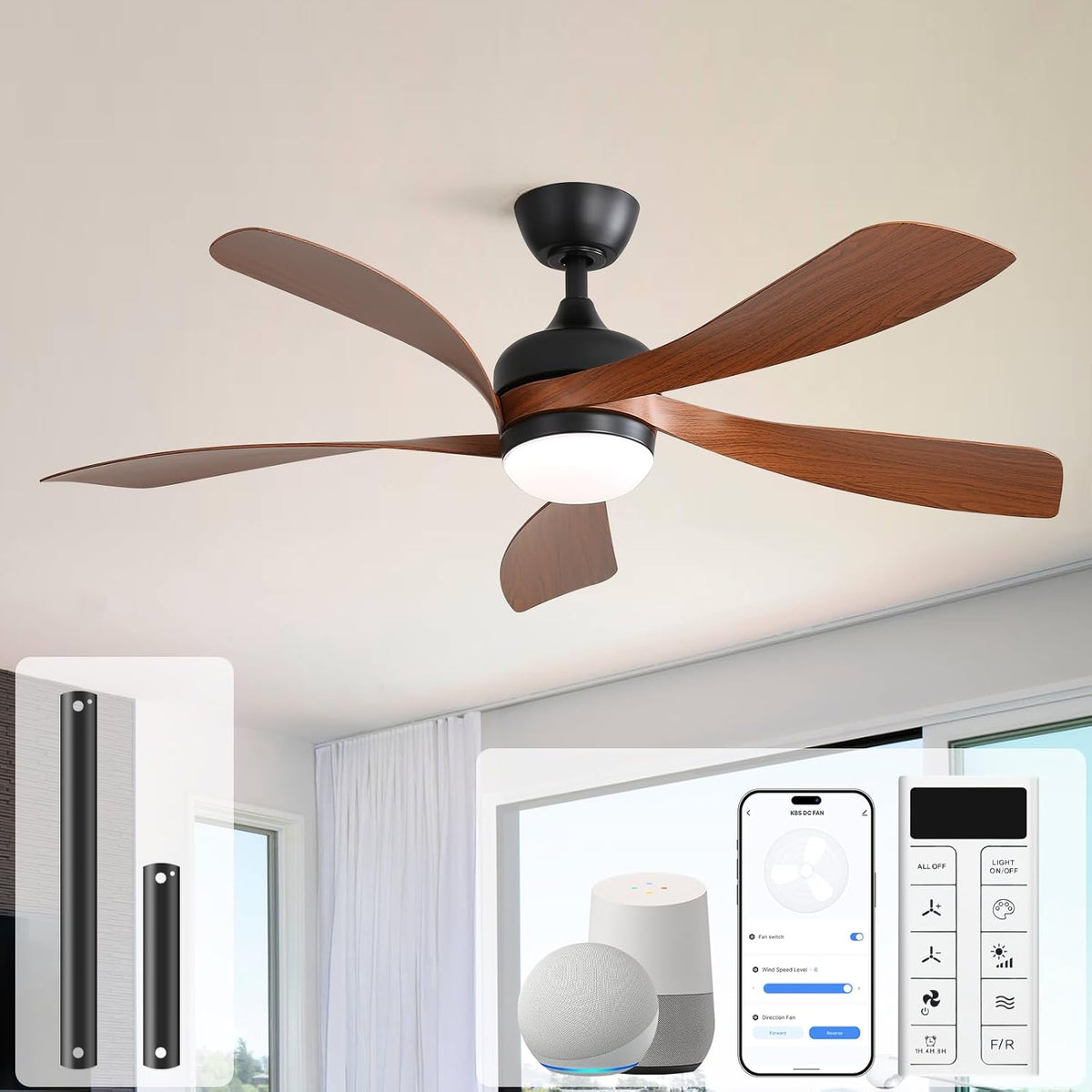 Brown five-blade ceiling fan with round white light mounted on a living room ceiling.