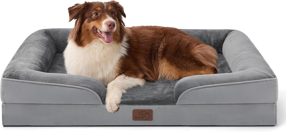 Grey bolster dog bed front view with a brown-and-white dog lying on the sleeping surface