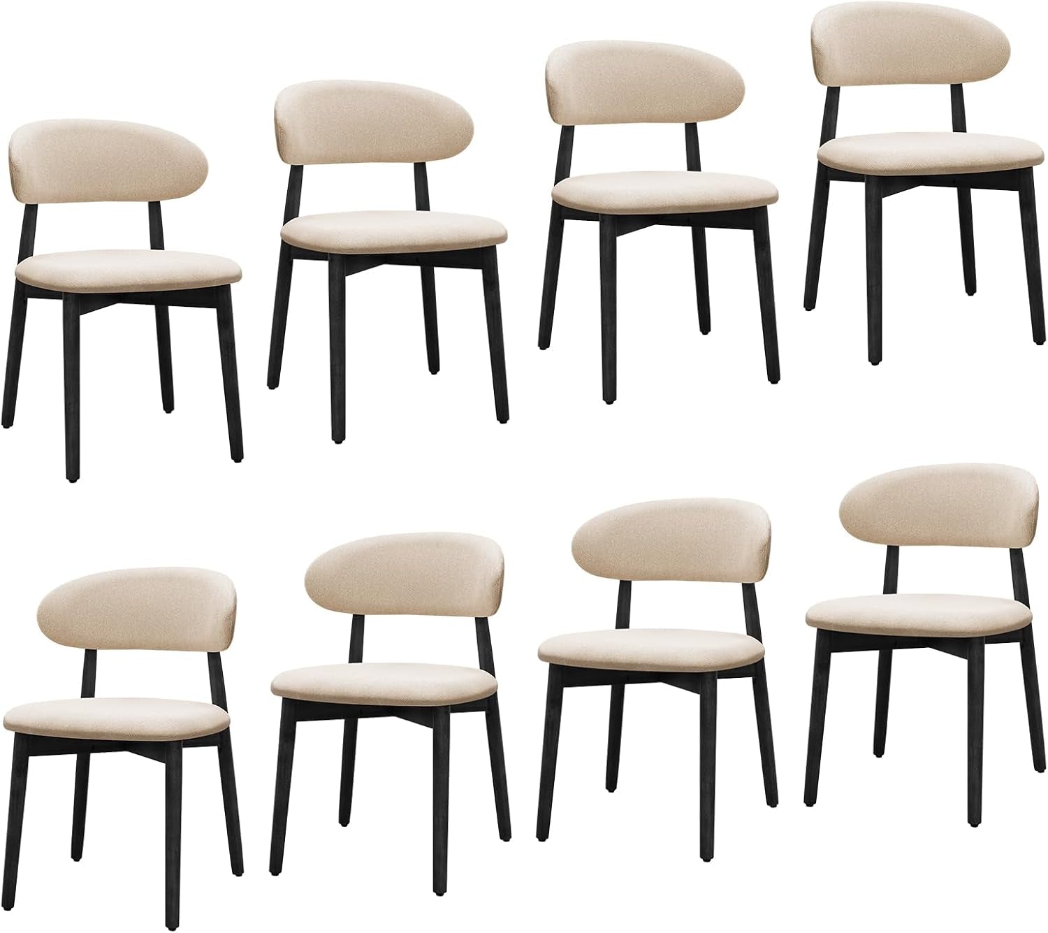 Eight cream upholstered dining chairs with curved backs and black frames on white.