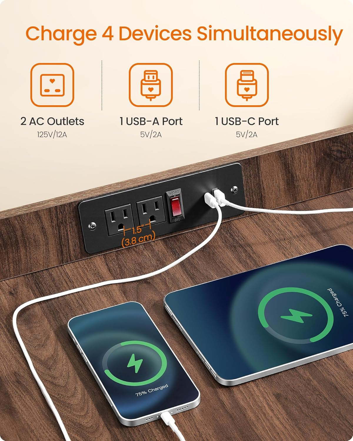 Close-up of tabletop charging hub showing two AC outlets plus USB-A and USB-C ports with phones charging