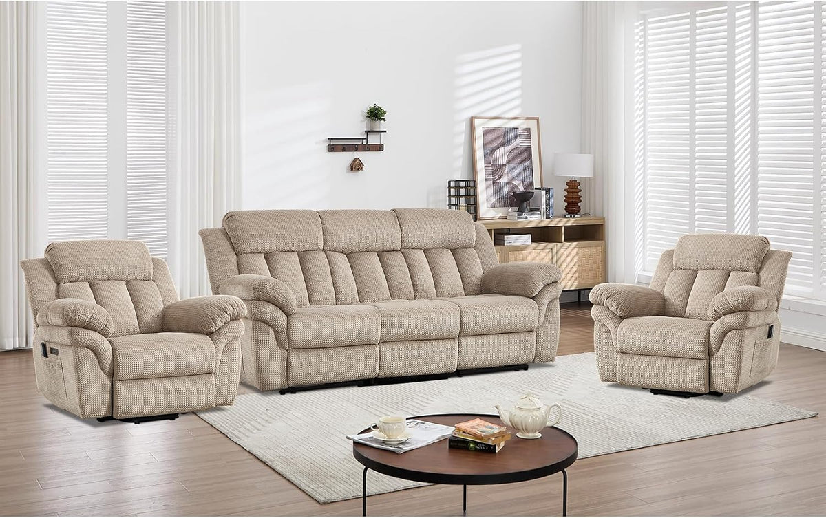 Light brown three-seat reclining sofa flanked by two matching reclining chairs in a bright room
